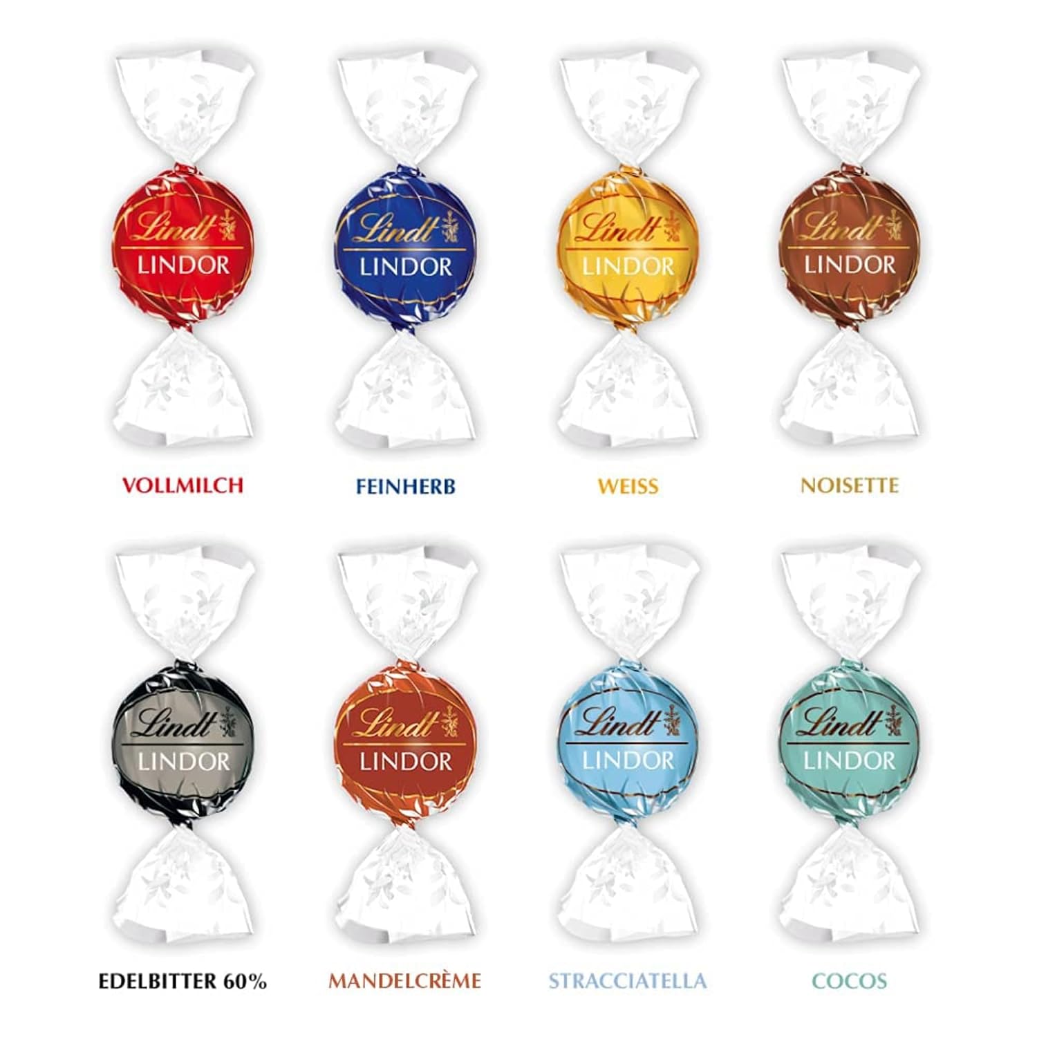 Detalle de Lindt Lindor Classic Box – 1568 g mit 126 Kugeln in 8 Sorten (Milch, Feinherb, Weiß, Haselnuss, 60 %, Pistazie, Stracciatella, Cocos)