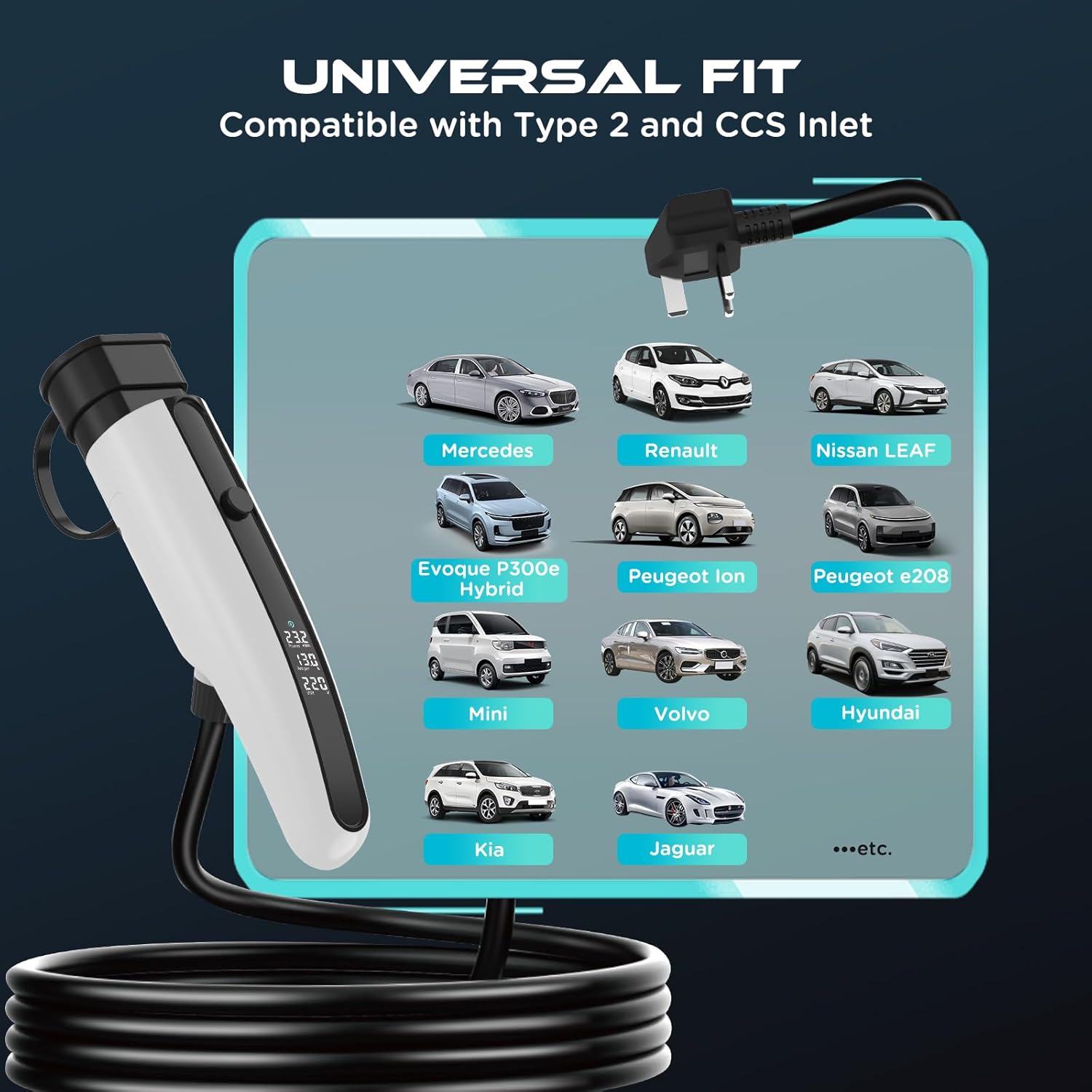 Thumbnail 5 de Portable EV charging cable Type 2 to 3-pin plug, 3kW (8/10/13A) with LED display and storage bag – 7.5m (White)