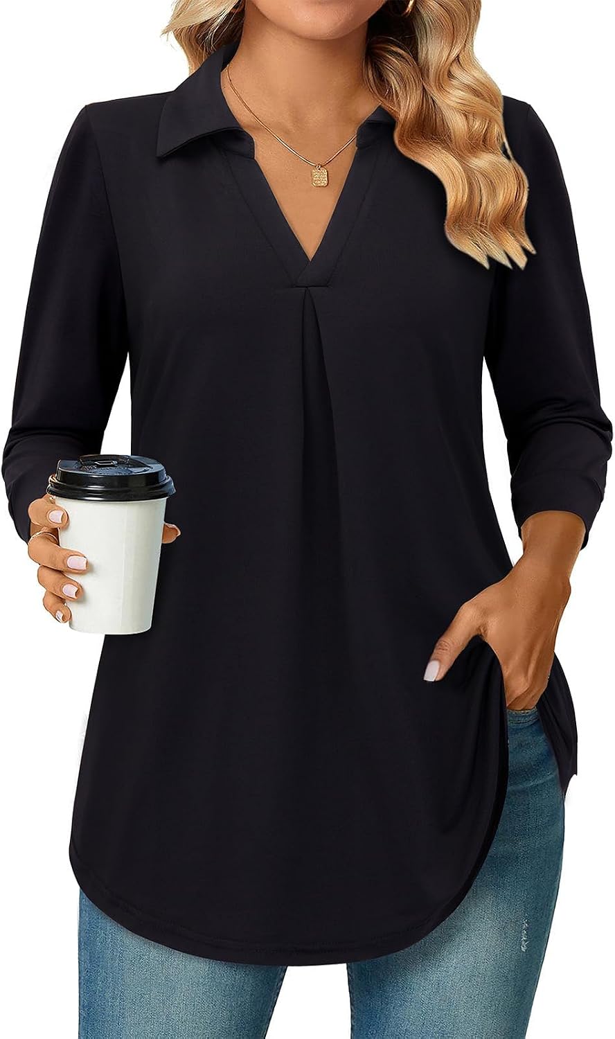 Detalle de Siddhe Damen V-Ausschnitt Bluse mit 3/4-Ärmeln – Tunika-Longshirt im lockeren A-Linien-Stil