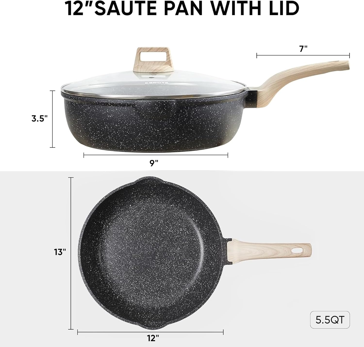 Detalle de CAROTE 10/12/12.5 Inch Nonstick Deep Frying Pan with Lid (Granite, PFOA-Free)