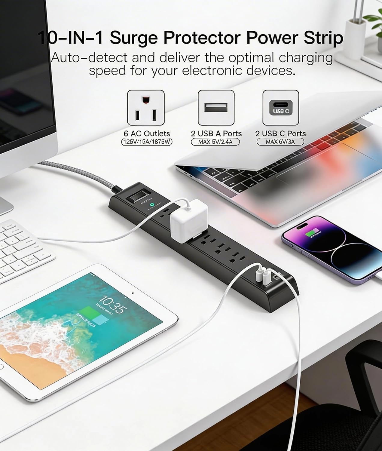 Detalle 2 de Mifaso Surge Protector Power Strip with 10-Foot Cord, 6 Outlets and 4 USB Ports