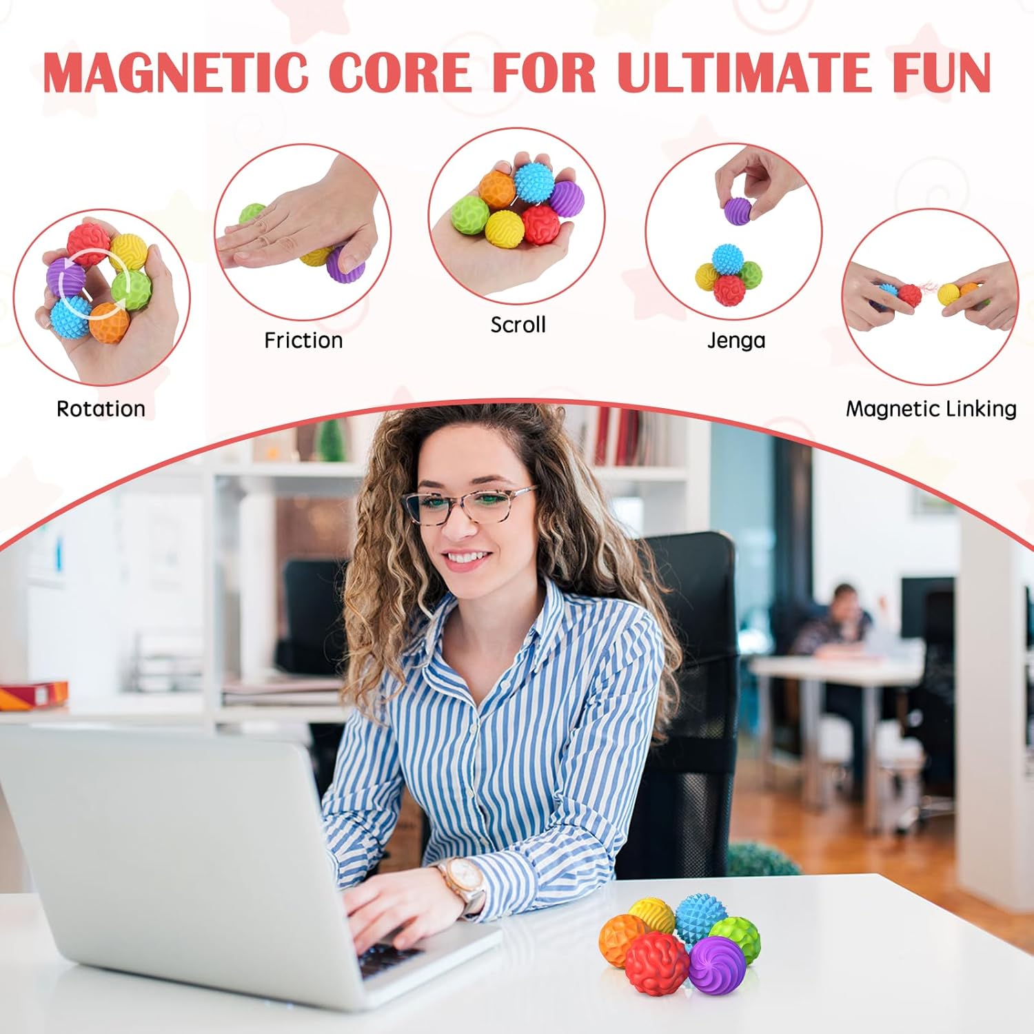 Thumbnail 4 de Magnetic Balls Fidget Toys (6 pcs) – Silicone-coated magnetic stress relief balls for adults, teens & desk use