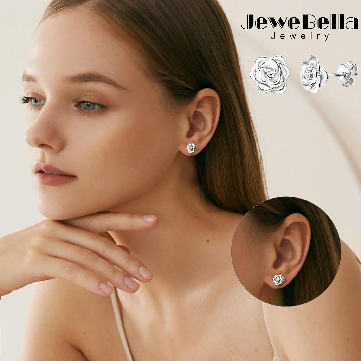 Detalle de JeweBella kleine Rosen-Ohrstecker aus Silber 925 mit 5A+ Zirkonia – hypoallergen für Damen & Mädchen