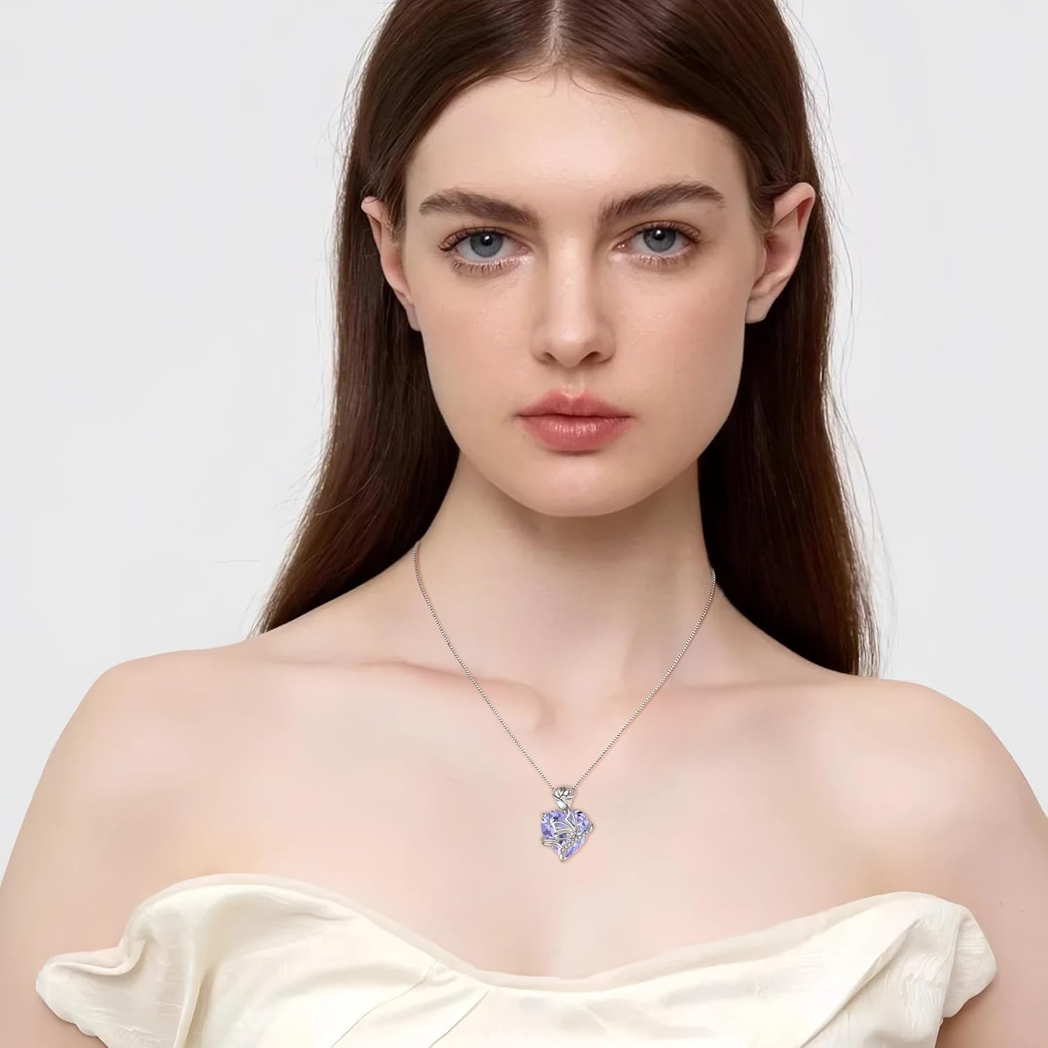 Thumbnail 1 de FJ Herz Geburtsstein Kette für Damen aus 925 Sterling Silber mit Schmetterling-Anhänger und Rosenblume