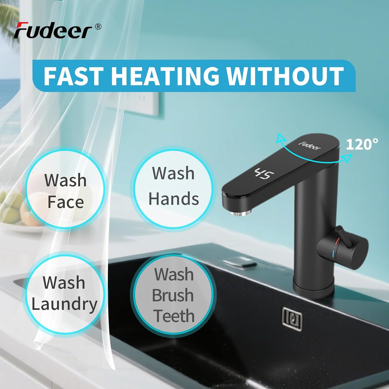 Thumbnail 2 de Fudeer Wasserhahn mit Durchlauferhitzer (230V, 3,3 kW) und Digitaldisplay – 30–45 °C, drehbarer Auslauf, 304 Edelstahl