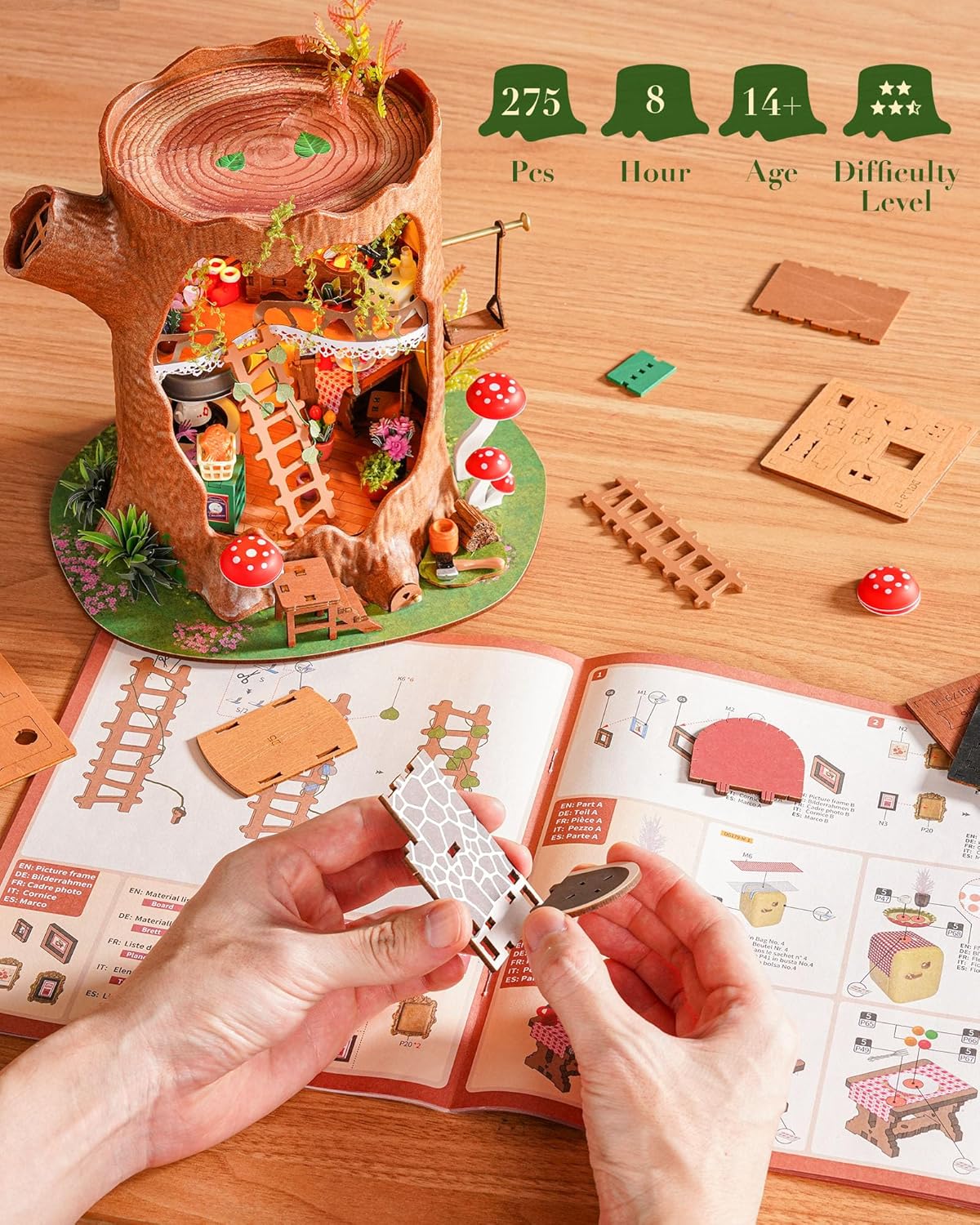 Detalle de ROBOTIME Fairytale Tree House : kit maison miniature en bois à construire avec éclairage LED