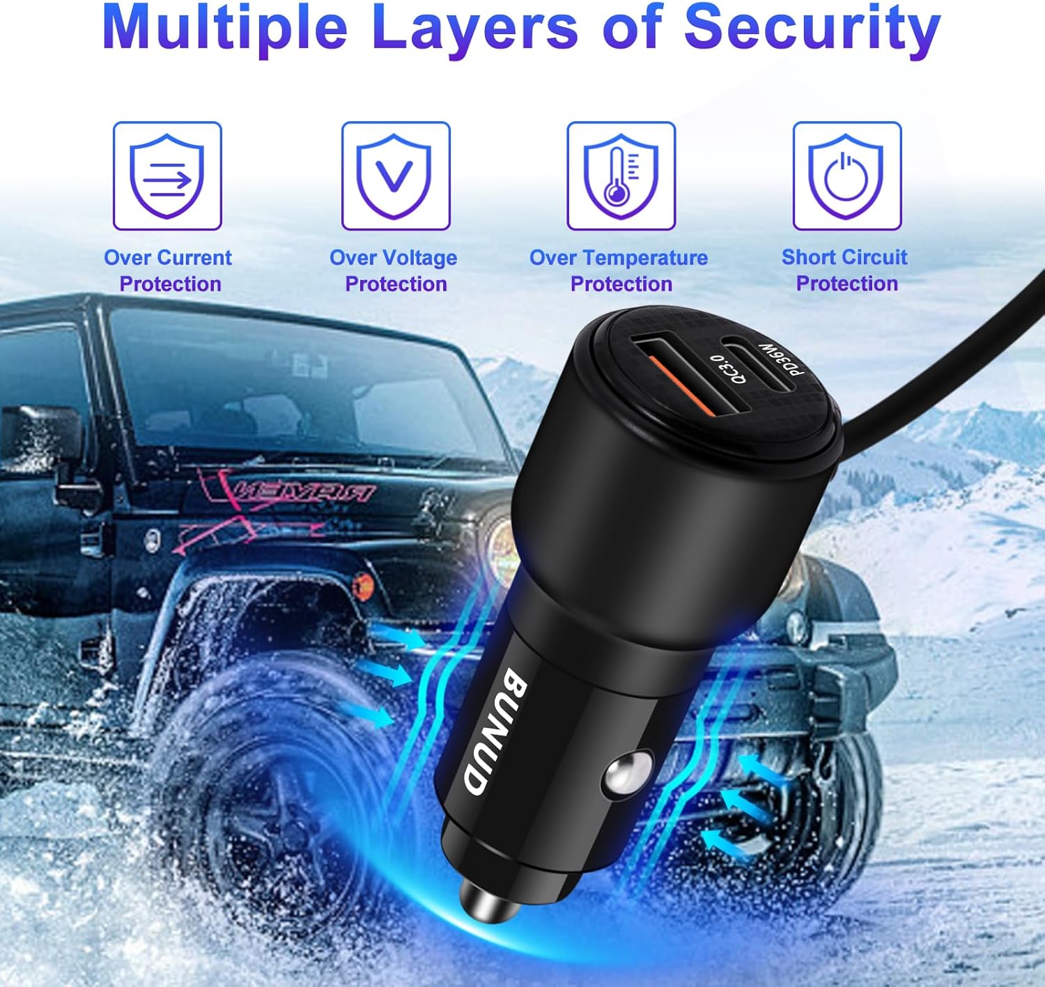 Thumbnail 3 de BUNUD USB Car Charger 66W with PD & QC 3.0 and coiled cable (Type C + Lightning)