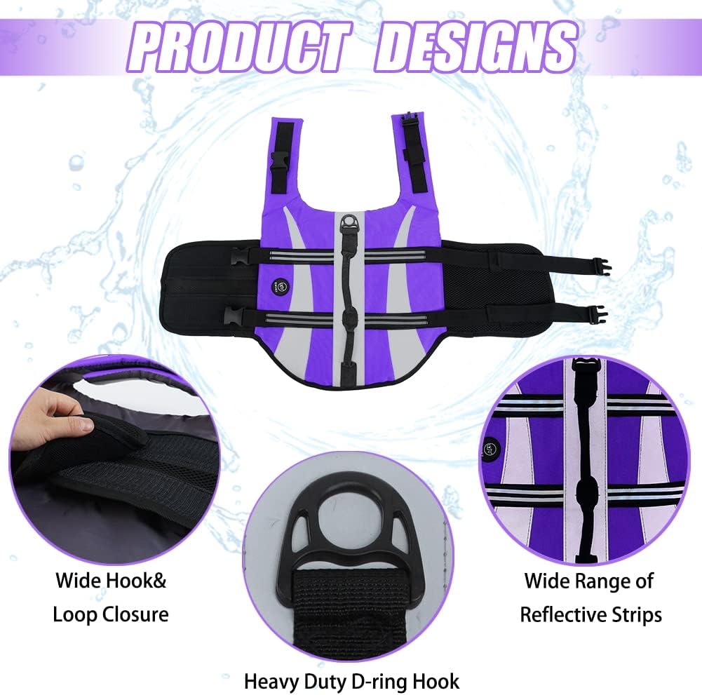 Detalle de EMUST Life Jacket for Large Dogs — Double Rescue Handles, High Reflective, Purple, Size L