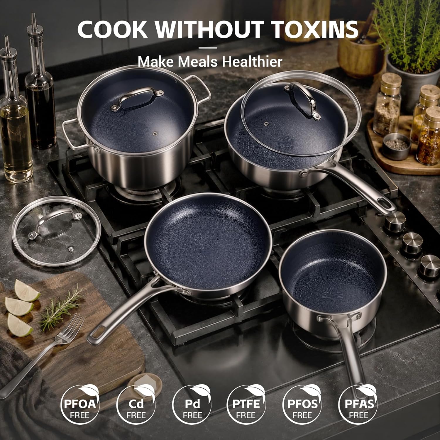 Detalle de Ammeloo Hybrid 17-Piece Tri-Ply Stainless Steel Cookware Set: Induction-Ready, Nonstick, and Dishwasher Safe