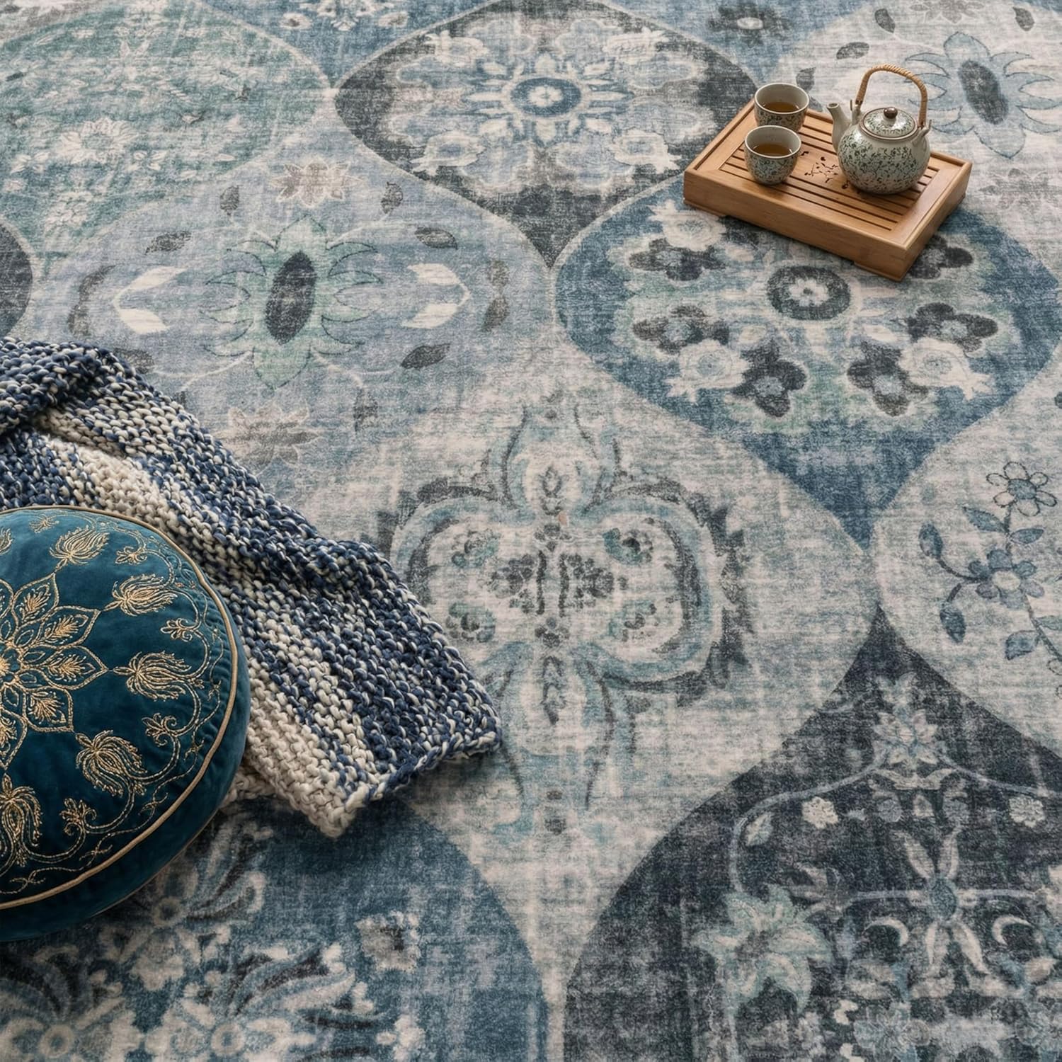Thumbnail 1 de Paco Home Tapis de Salon Vintage Poil Court Turquoise 160x220 cm – Confort Doux et Design Retro Moderne