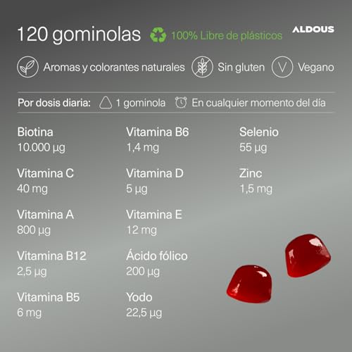 Detalle de Biotina 120 Gominolas 10.000mcg de Aldous Bio: cabello, piel y uñas con sabor a cereza