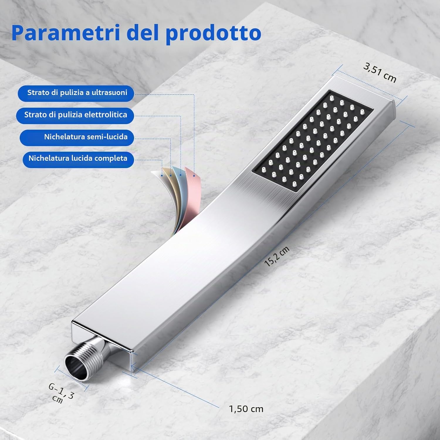 Detalle 2 de HydroLuxe Doccetta a Mano Alta Pressione: soffione in acciaio inox 304 con ugelli silicone anticaduta calcare