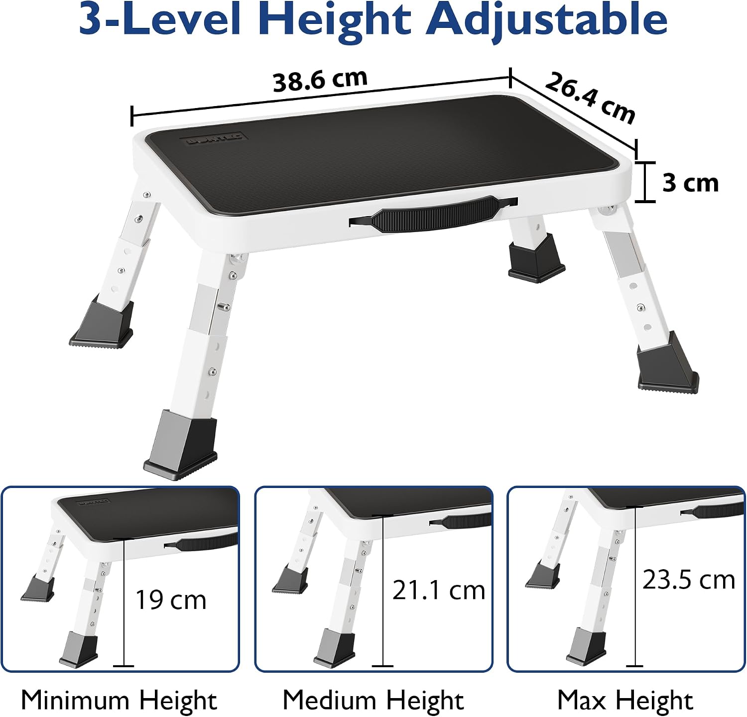 Thumbnail 2 de BONTEC 3-Level Height Adjustable Step Stool (Foldable, Anti-Slip Platform, Rubber Feet) – White