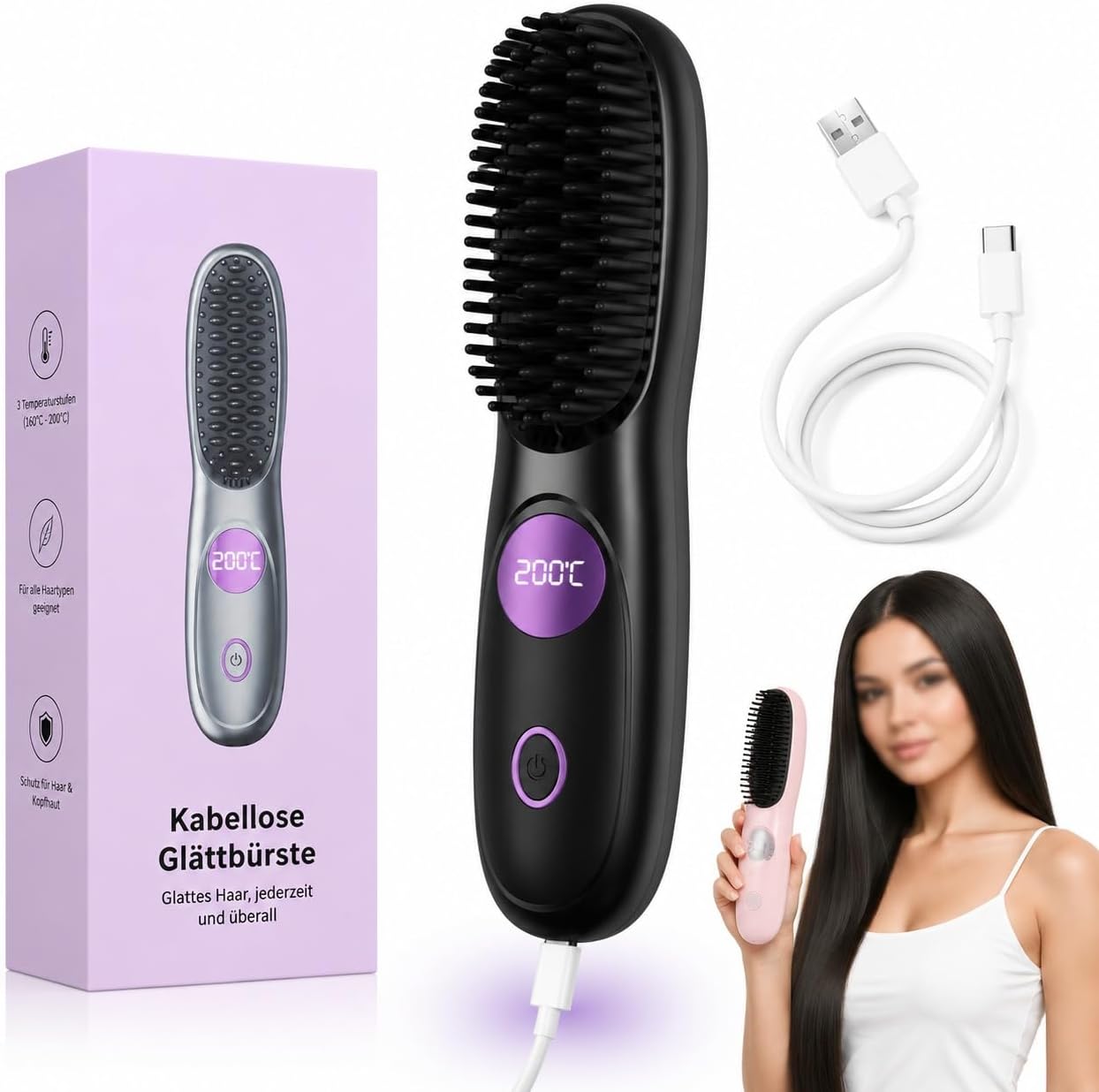 Detalle de STRUKTURPASTE Stylingbürste für Kurze Haare – Kabellos, LED-Anzeige, 3 Temperaturstufen