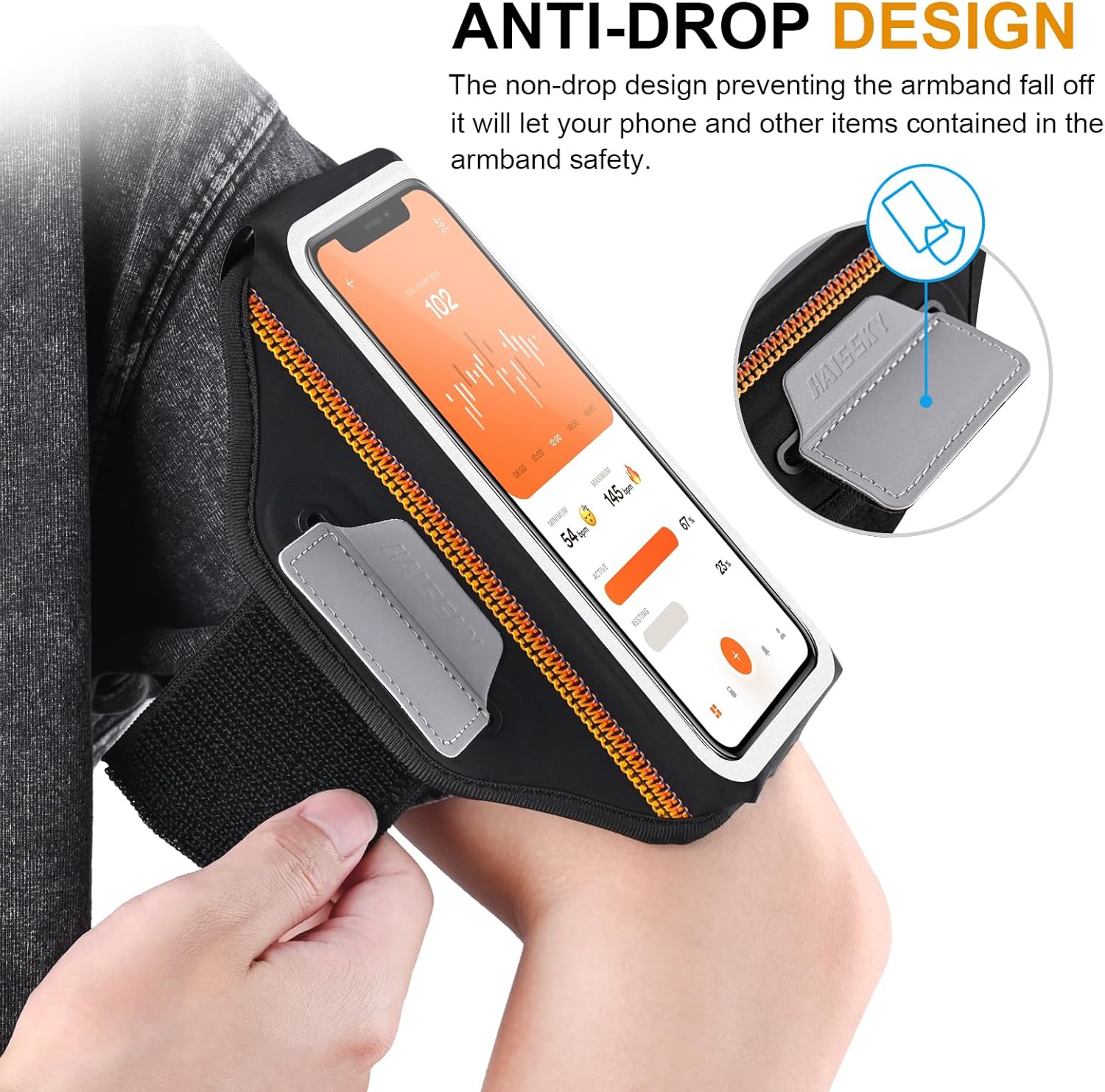 Detalle de Fascia da braccio sportiva con borsa auricolari e porta cellulare per smartphone fino a 6,9