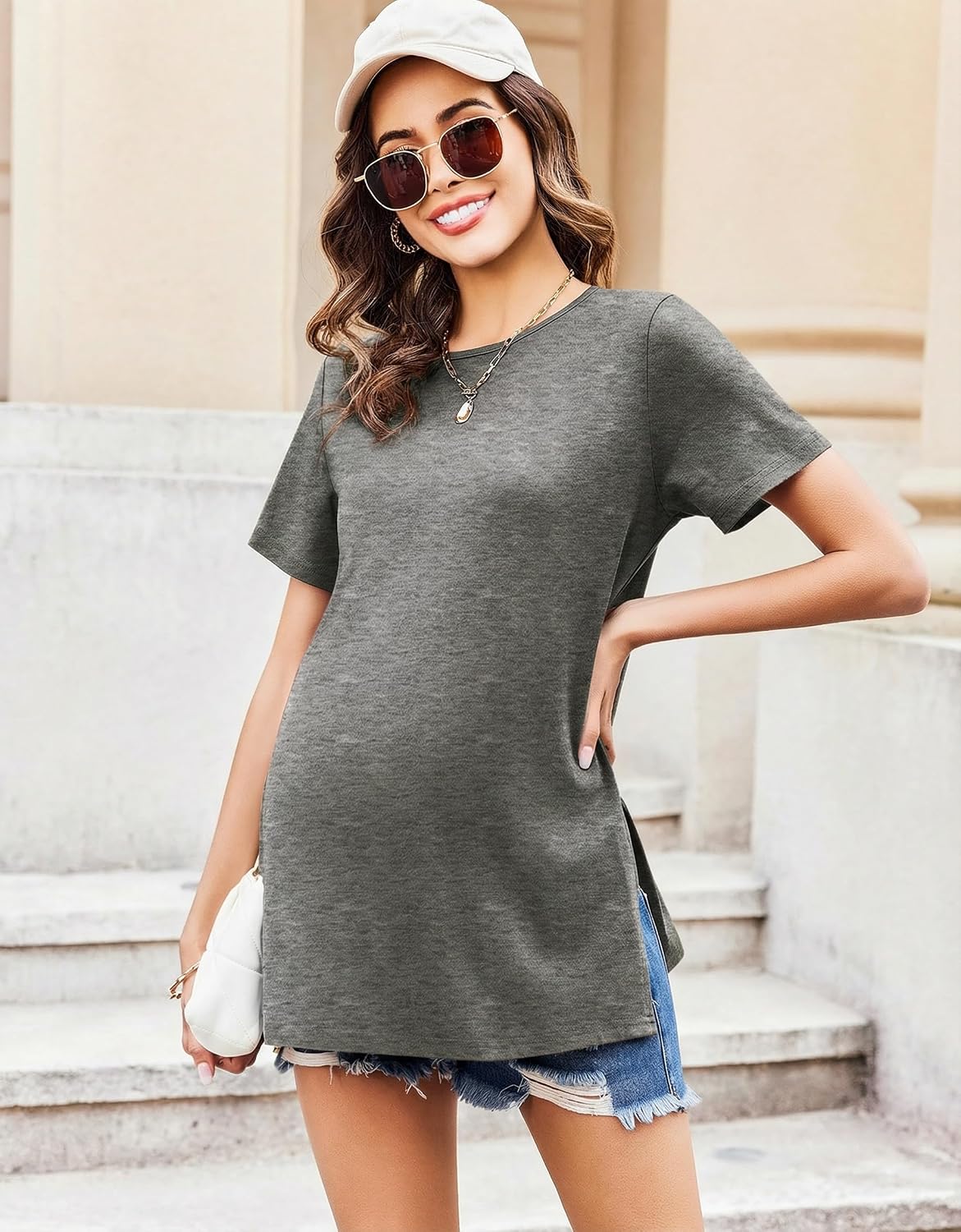 Detalle de Ekouaer 3 Pack Women’s Oversize T-Shirt – Basic Short Sleeve Loose Fit Maternity Tops (S–XXL)