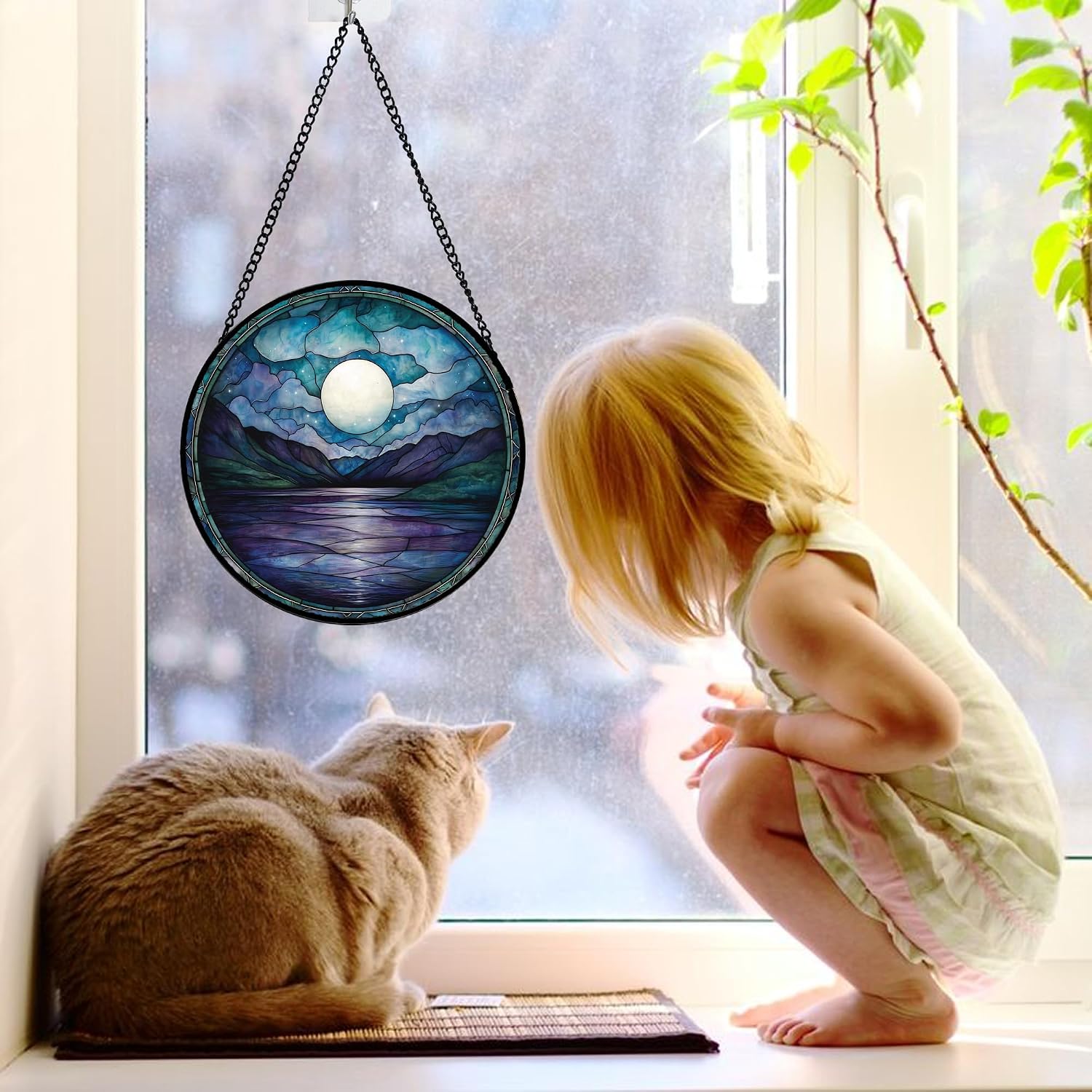 Detalle de Blue Moon Lake 7.8-Inch Stained Glass Window Hanging with Starry Night Design
