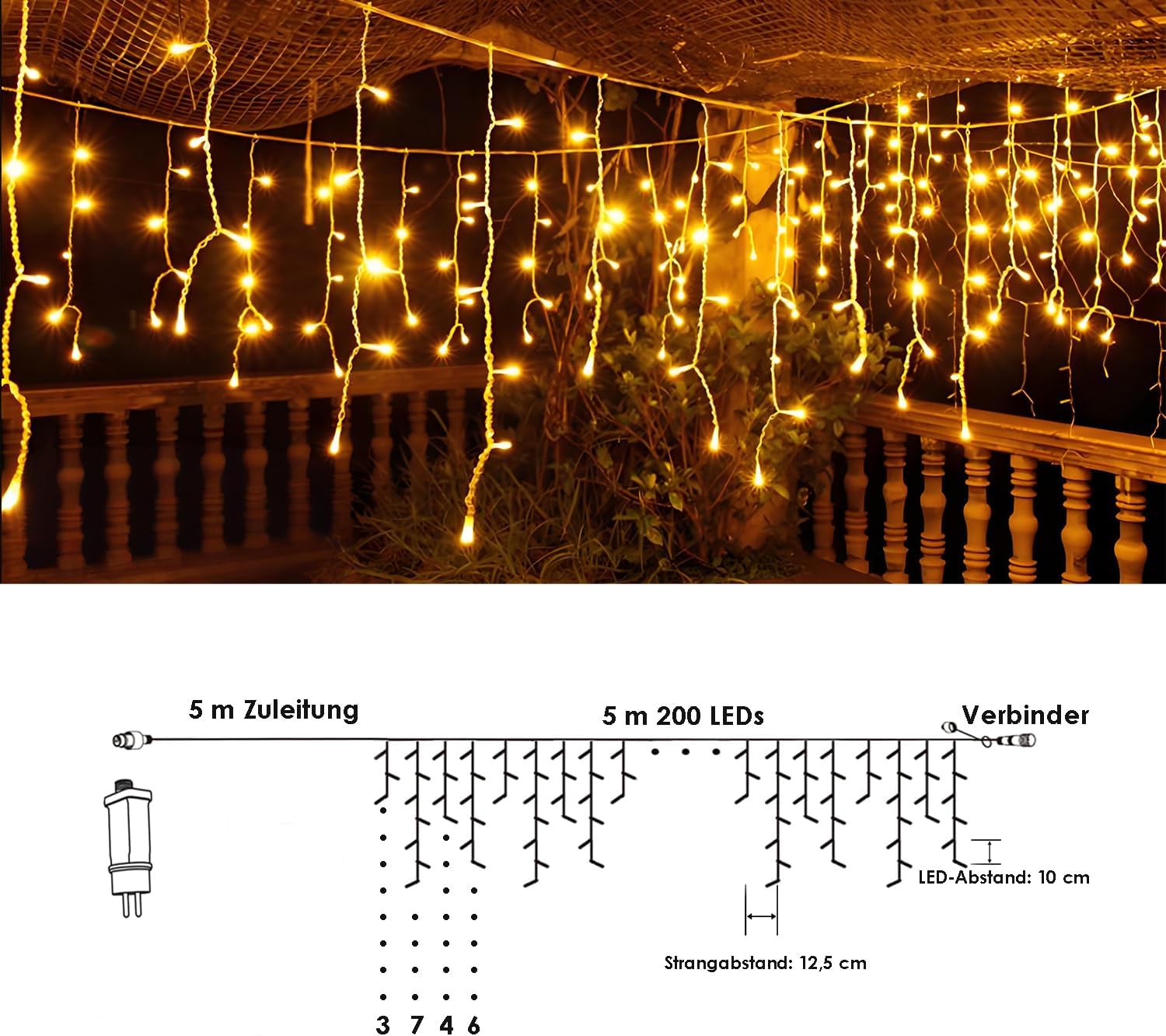 Thumbnail 2 de YJY LIGHT Eisregen Lichterkette LED in Warmweiß (2500K) – 5 m Lichtvorhang mit 200 LEDs, 8 Modi, Timer & Memory, IP44