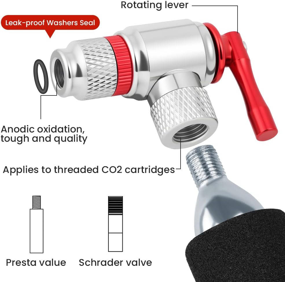 Detalle de AOOWU Gonfiatore di CO2 per bici, compatibile Presta e Schrader (no cartucce CO2), con 2 manicotti isolati