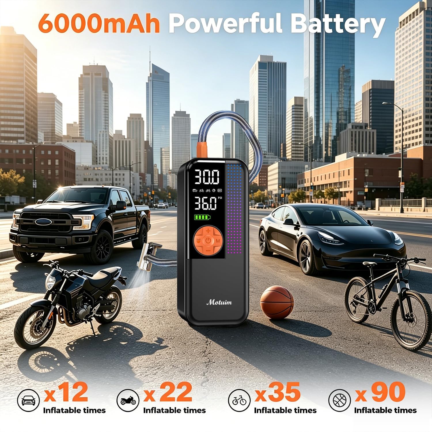 Thumbnail 4 de Motuim Cordless Car Tyre Inflator Air Compressor with 150 PSI, 6000mAh Battery and Auto Shut-Off