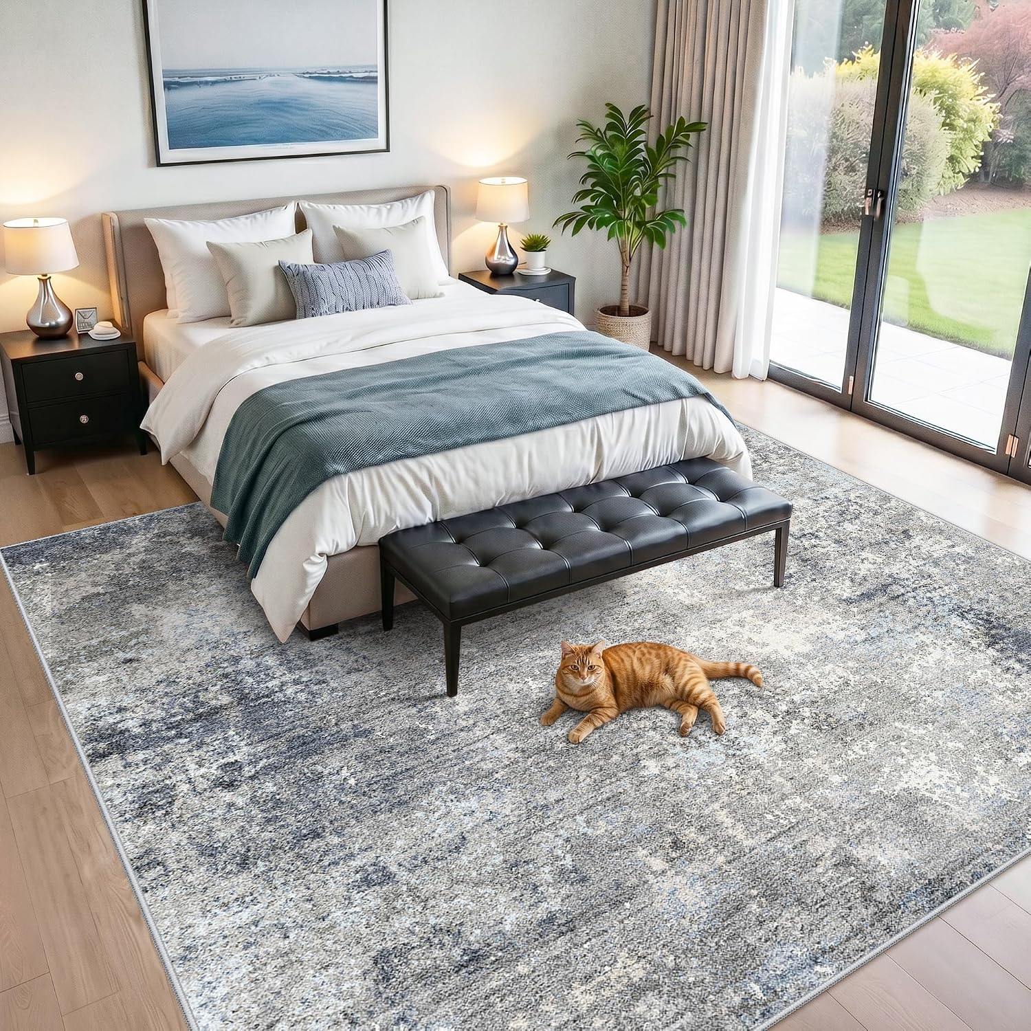 Detalle de BYYVOO 12x12 Square Area Rug for Living Room – Washable, Non-Slip, Modern Abstract in Blue Gray