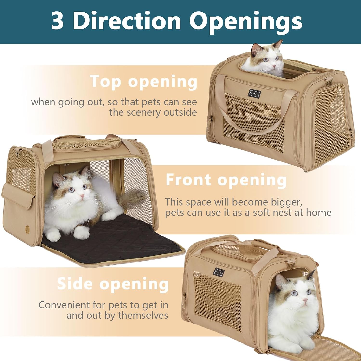 Detalle de Petsfit Transportbox Katze Hund faltbar – Tragetasche mit Schultergurt, weiches Kissen, 50×33×33 cm