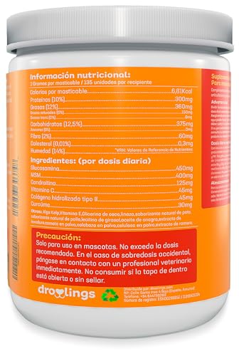 Detalle de Droolings Condroprotector para Perros y Antiinflamatorio – 135 masticables, cuidado articular y movilidad