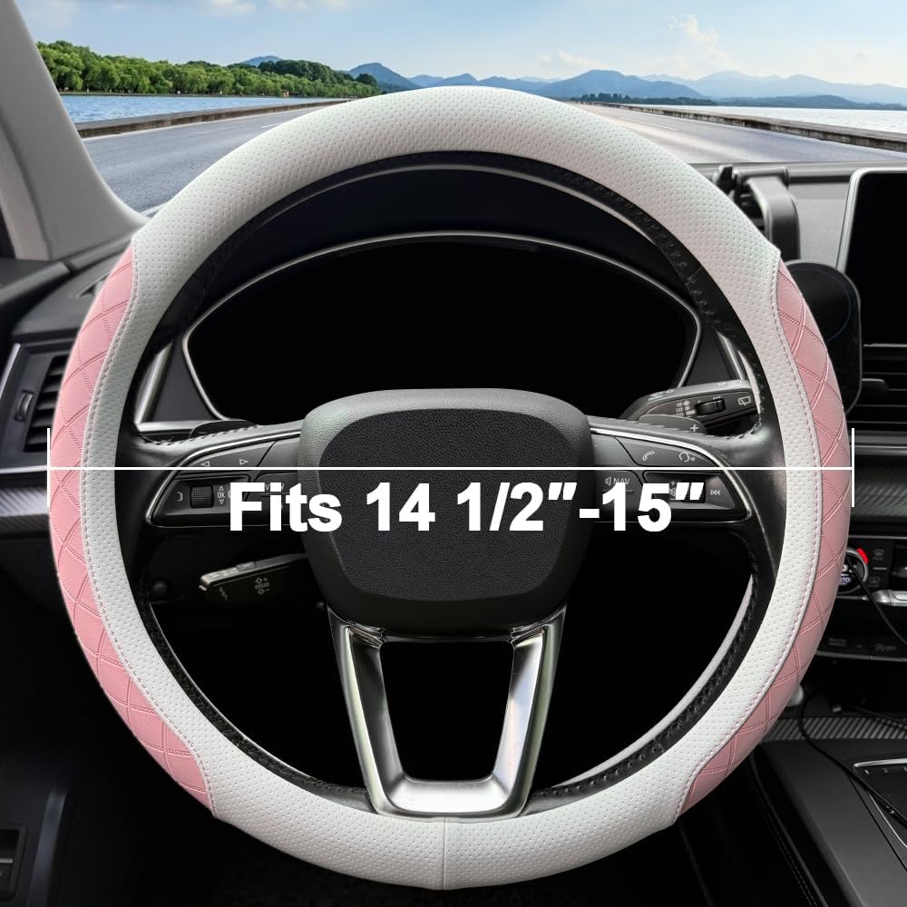 Thumbnail 3 de LKWLIKEI Nappa Leather Steering Wheel Cover with Diamond Checkered Design (White & Pink) — Fits 14.5–15 in