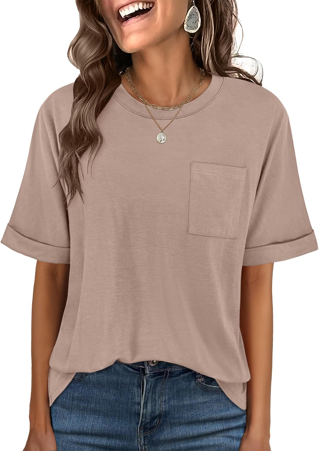 Detalle de ANRABESS Women's Oversized Short-Sleeve T-Shirt with Chest Pocket
