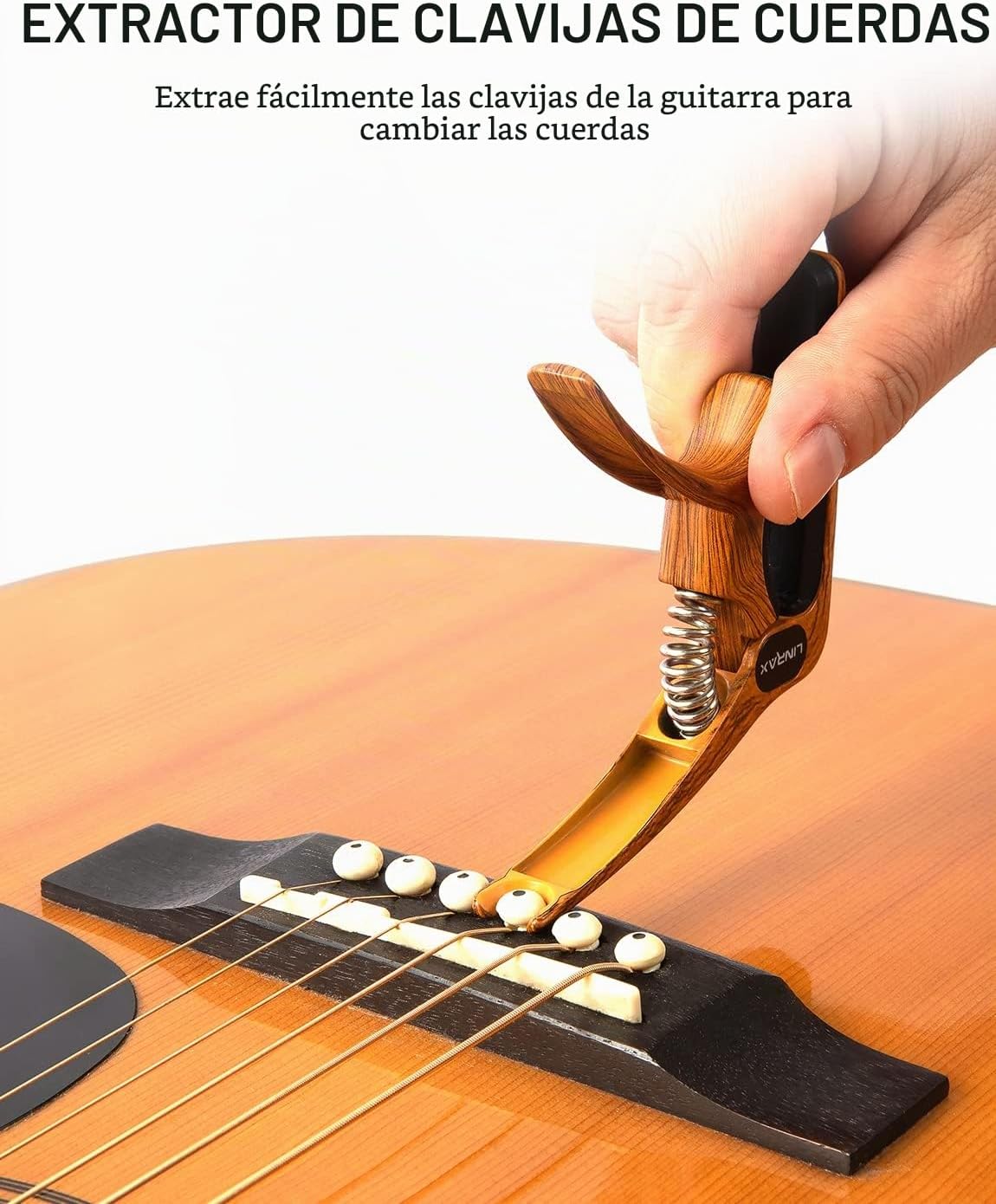 Detalle 2 de Linrax C1 Cejilla Guitarra 3 en 1 con Soporte para Púas y Extractor de Puentes