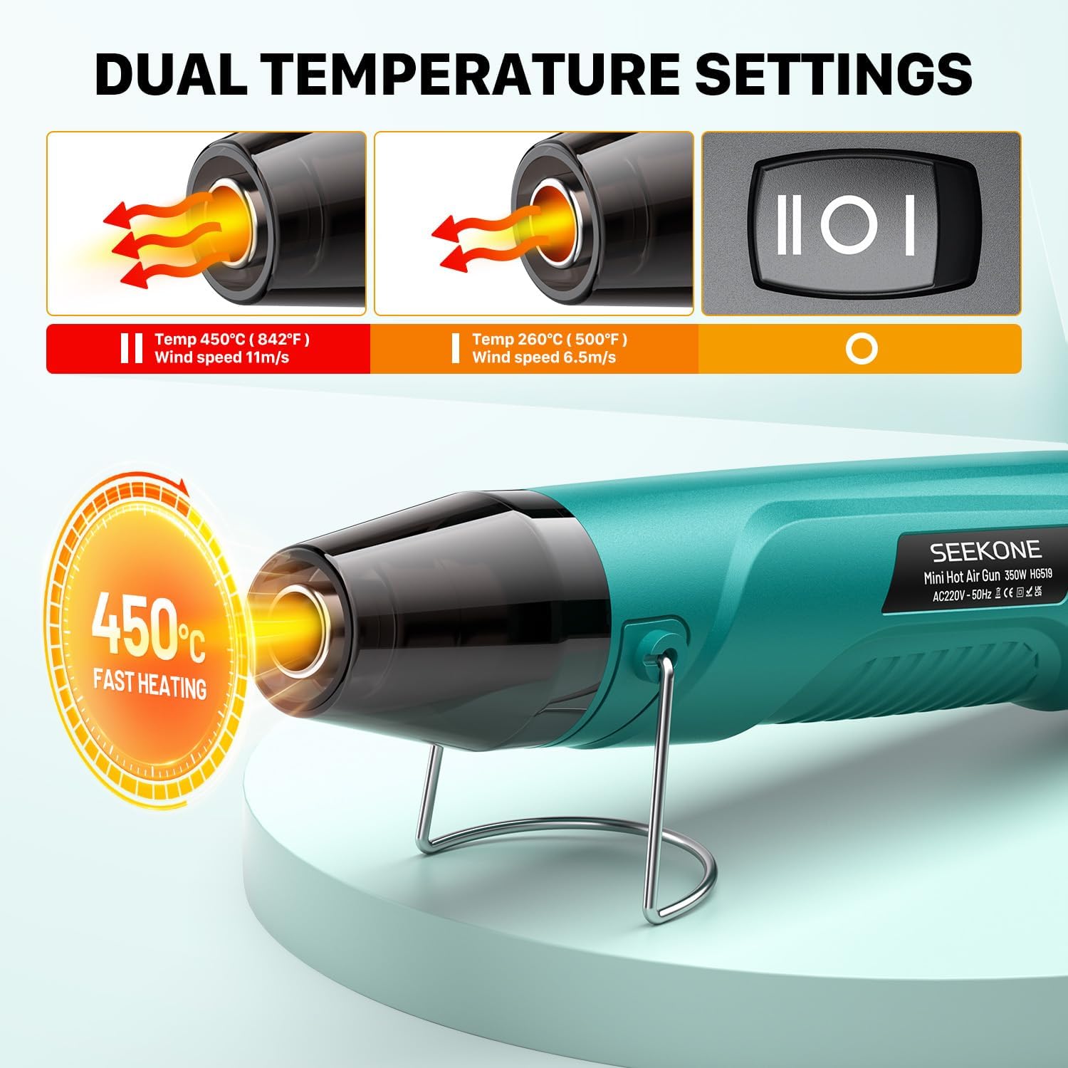 Thumbnail 1 de SEEKONE 350W Mini-Heißluftpistole – 260 °C/450 °C, Überlastschutz, Reflektor-Düse, 1,5 m Kabel
