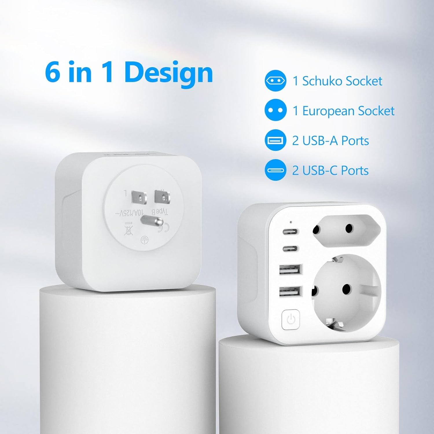 Thumbnail 3 de JSVER adaptateur voyage 6 en 1 pour États-Unis/Canada avec 2 USB-A et 2 USB-C (blanc)