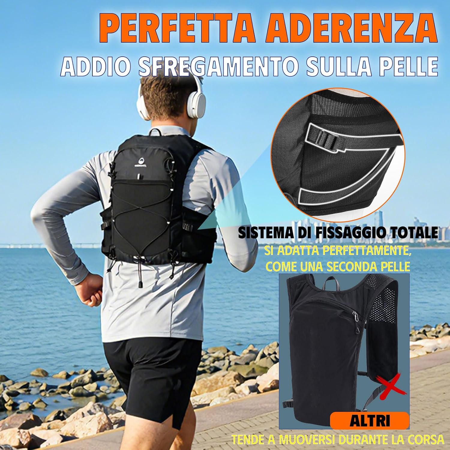 Detalle 2 de ONETOALL Gilet Running con Zaino Trail 2 Borracce 500 ml + Luce LED Ricaricabile