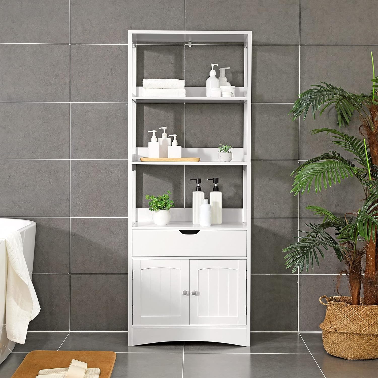 Thumbnail 3 de VASAGLE BBC67WT Tall Storage Cabinet, White, with 3 Shelves, Drawer and Cupboard