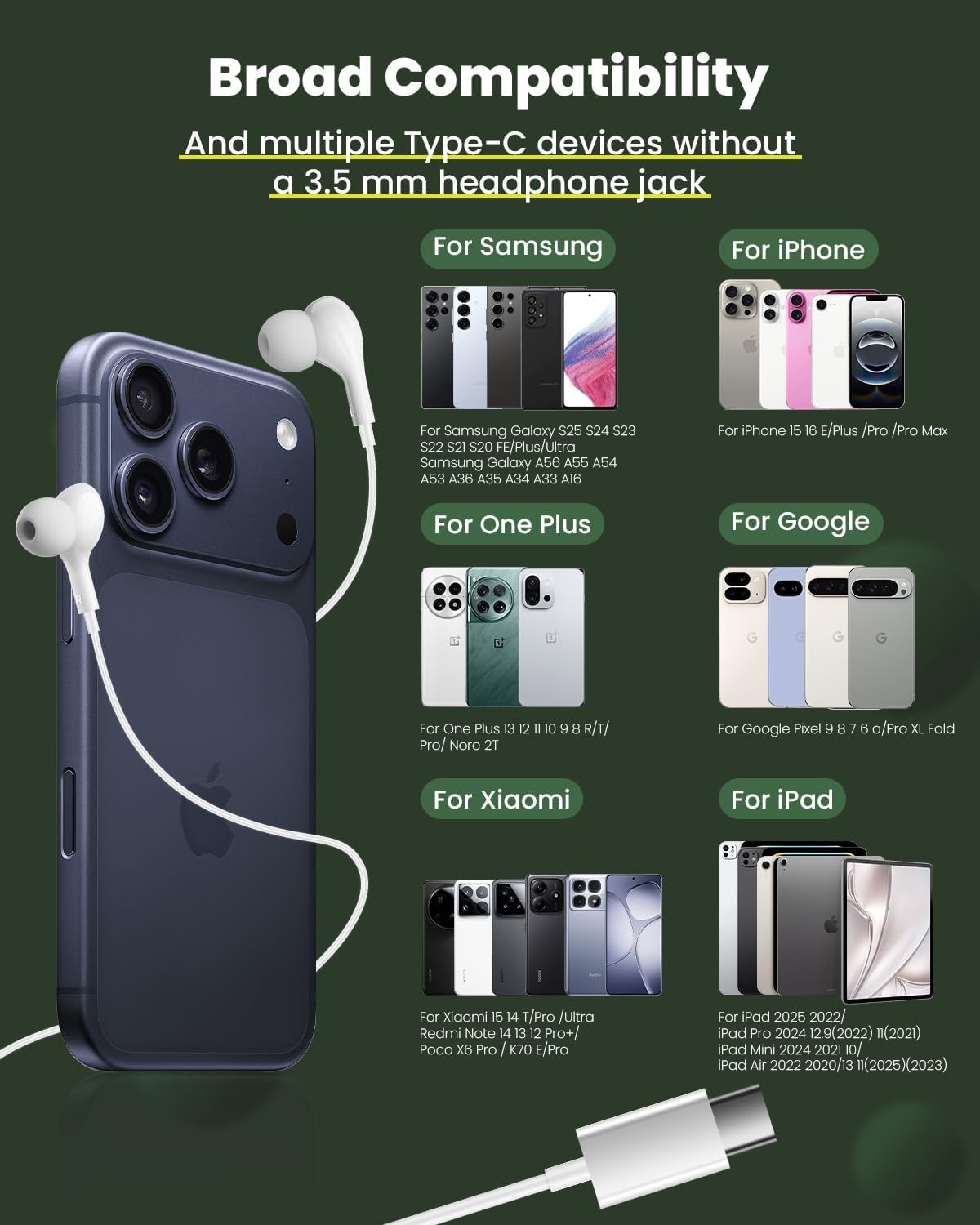 Detalle de USB-C Wired Earbuds with Microphone for iPhone, Samsung, Pixel — In-Ear HiFi Audio