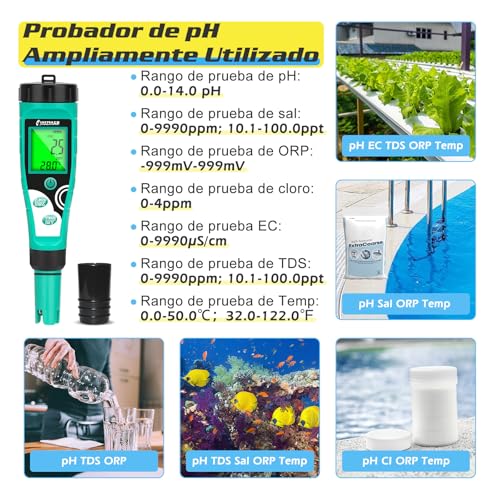 Thumbnail 4 de UIUZMAR Medidor 7 en 1 para Piscinas: pH, Cloro, Salinidad, ORP, TDS, EC y Temp con Soluciones de Calibración