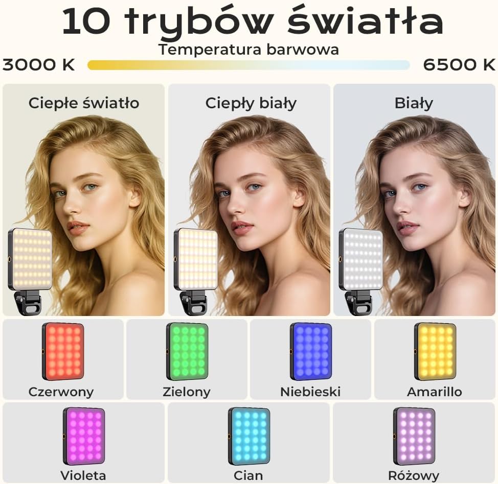 Detalle de OUSFOT XJ-77 lampka do telefonu 128 LED, RGB i regulacja 3000–6500 K