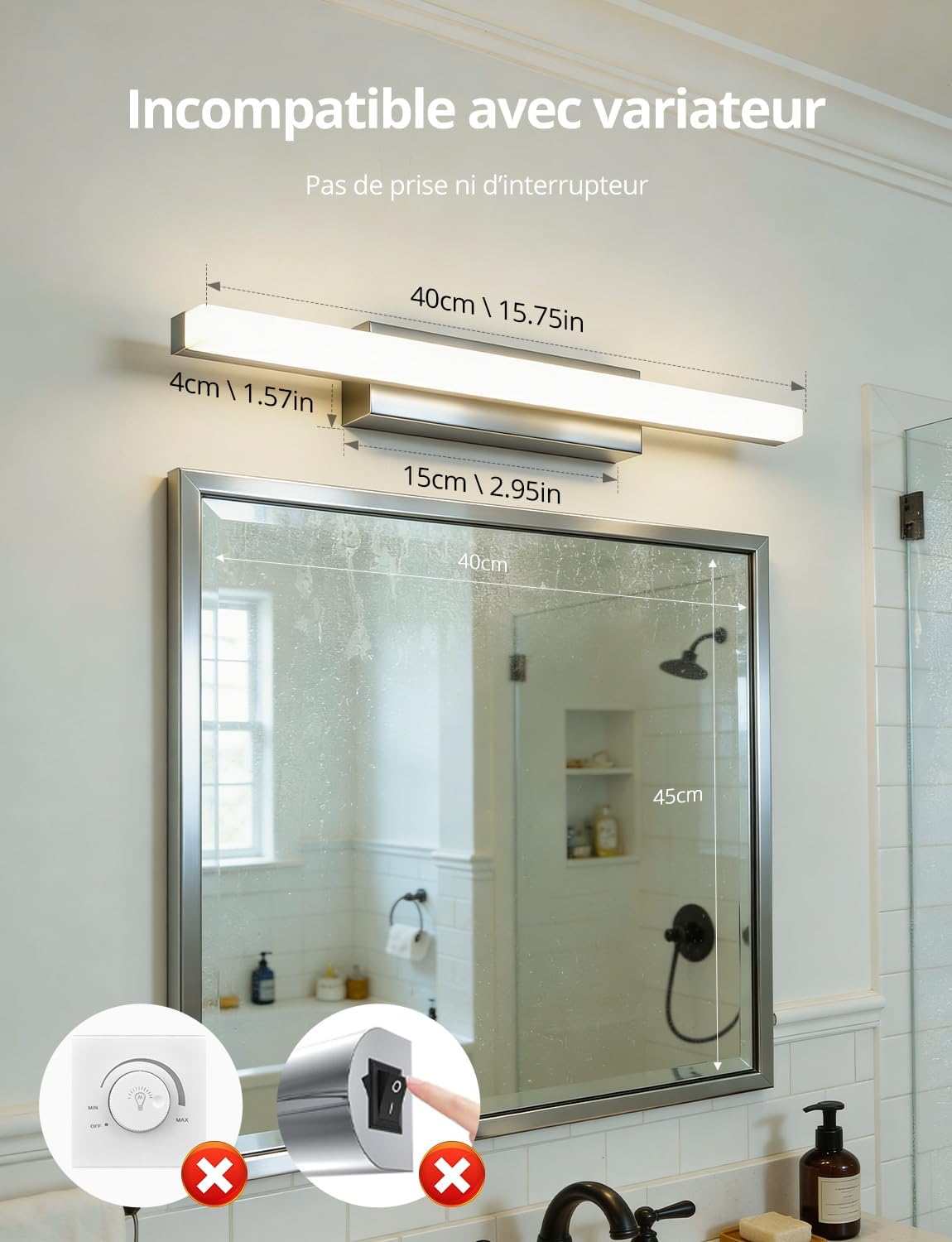 Detalle de Yafido ZM0017 spiegellamp van 40 cm, 9 W, 800 lm en IP44