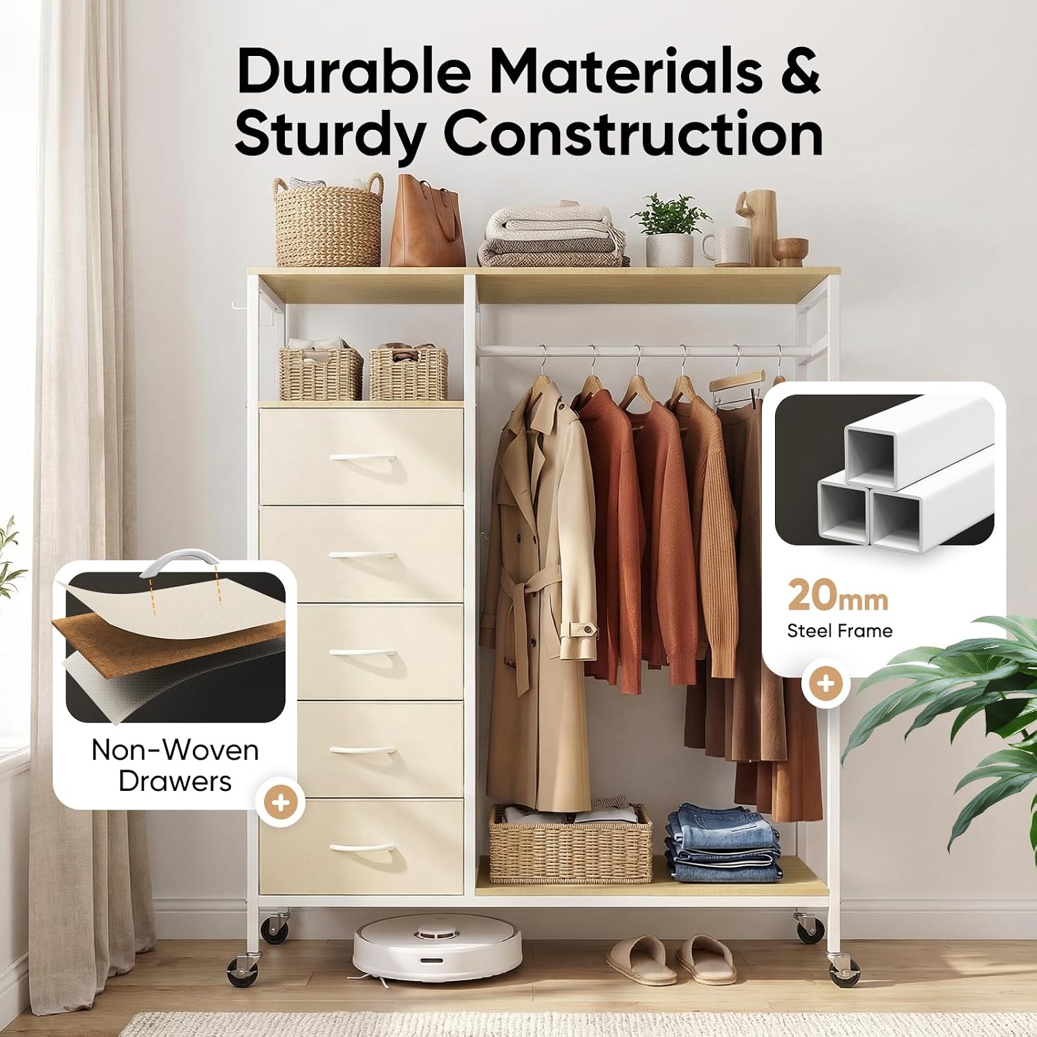Thumbnail 6 de HOKEEPER All-in-One Rolling Coat Rack with 5 Drawers (Beige) – Mobile closet organiser on wheels