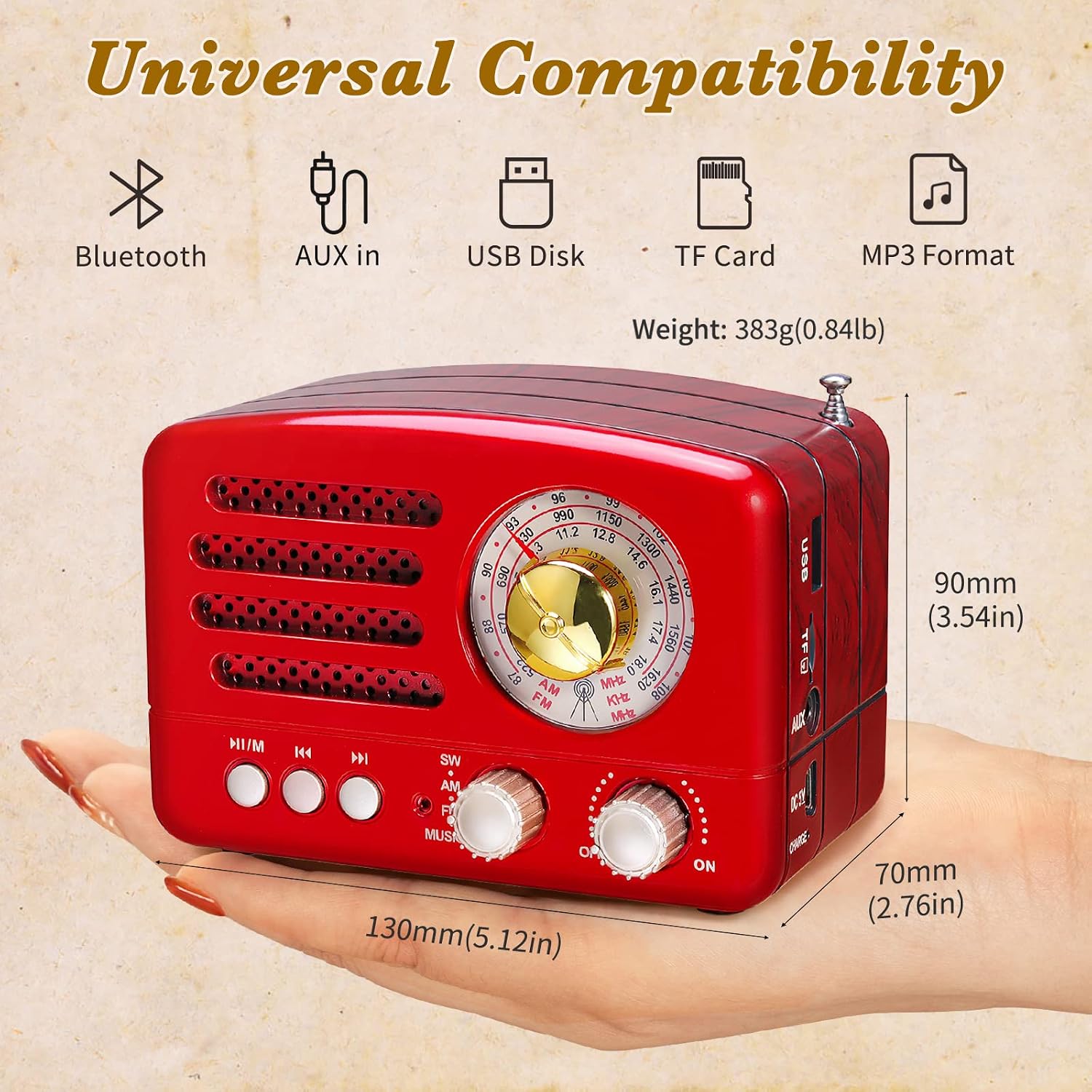Detalle de PRUNUS J-160 Retro Radio with Bluetooth, AM/FM/SW and 1800mAh Battery