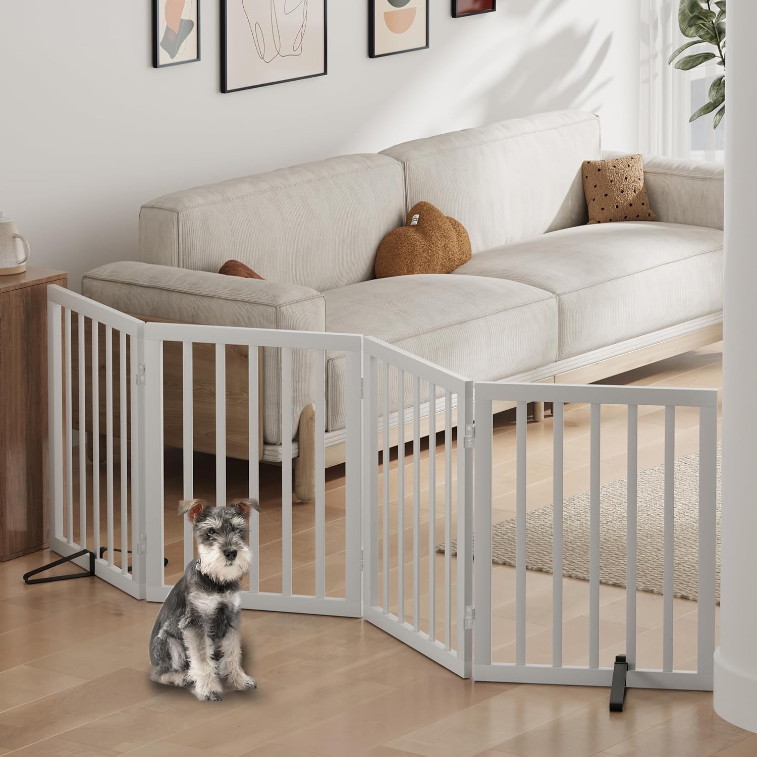 Thumbnail 6 de Freistehende Hundegitter für Türen (4 Paneele, Weiß) – faltbar mit Metallstützfüßen