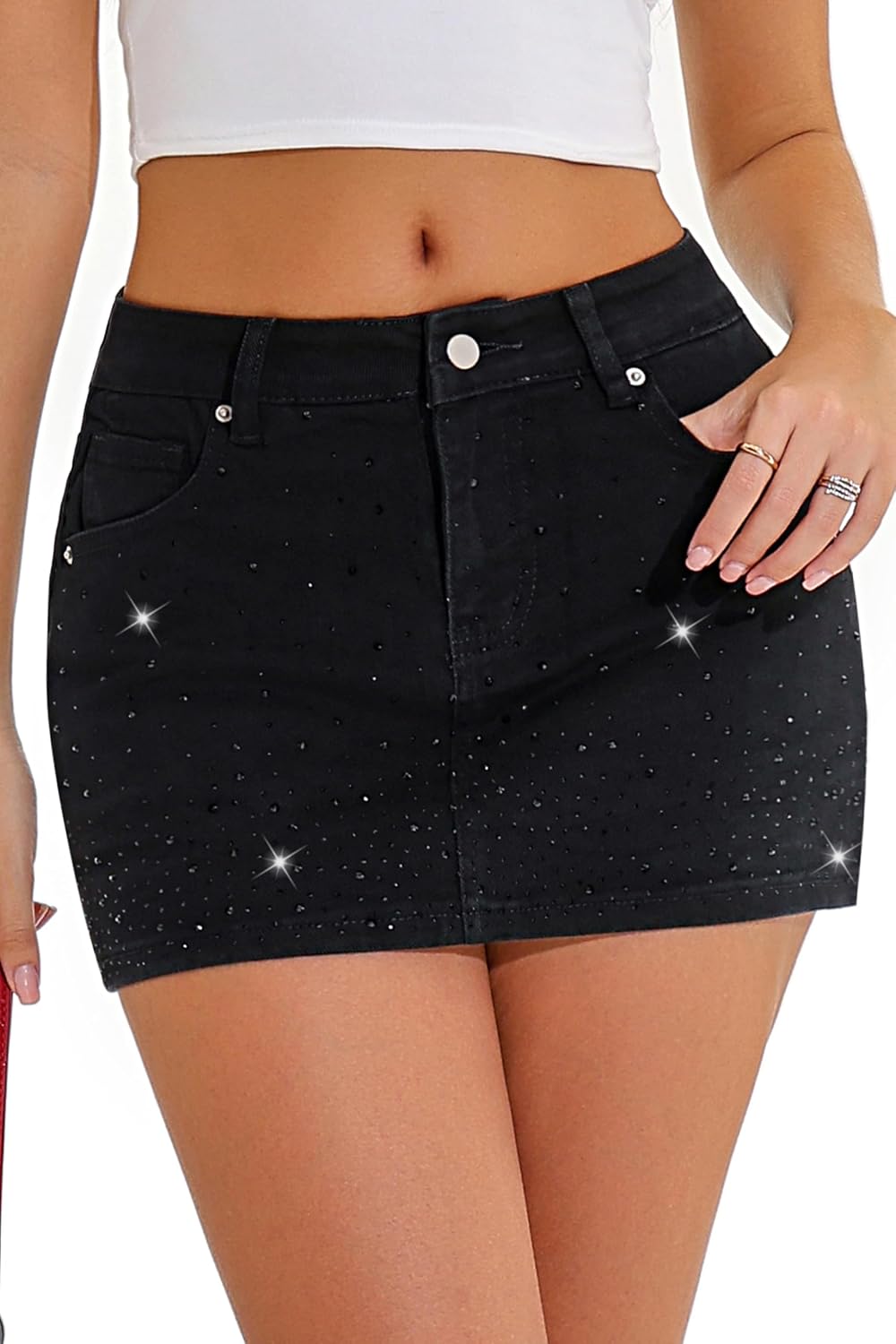 GUANYY Rhinestone Denim Skort, Low-Waisted Micro Mini with Built-In Shorts