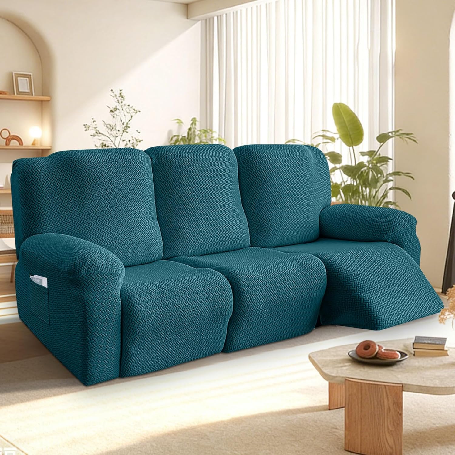 BOUFEIDA 8-teiliger Sesselbezug für Relaxsessel (3 Sitzer) – Stretchhusse mit Taschen und Anti-Rutsch