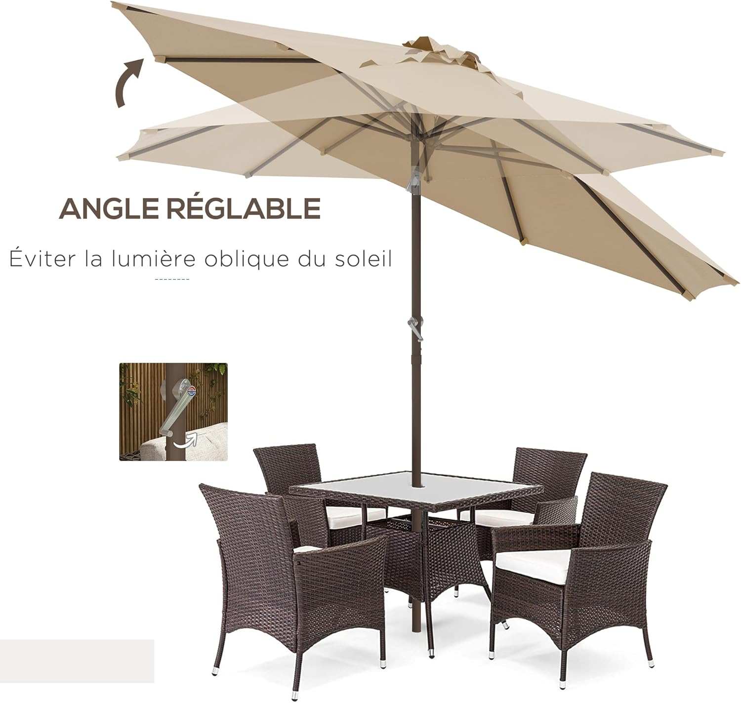 Thumbnail 2 de Outsunny Parasol de jardin droit Ø 2,63 m en métal, manivelle inclinable beige
