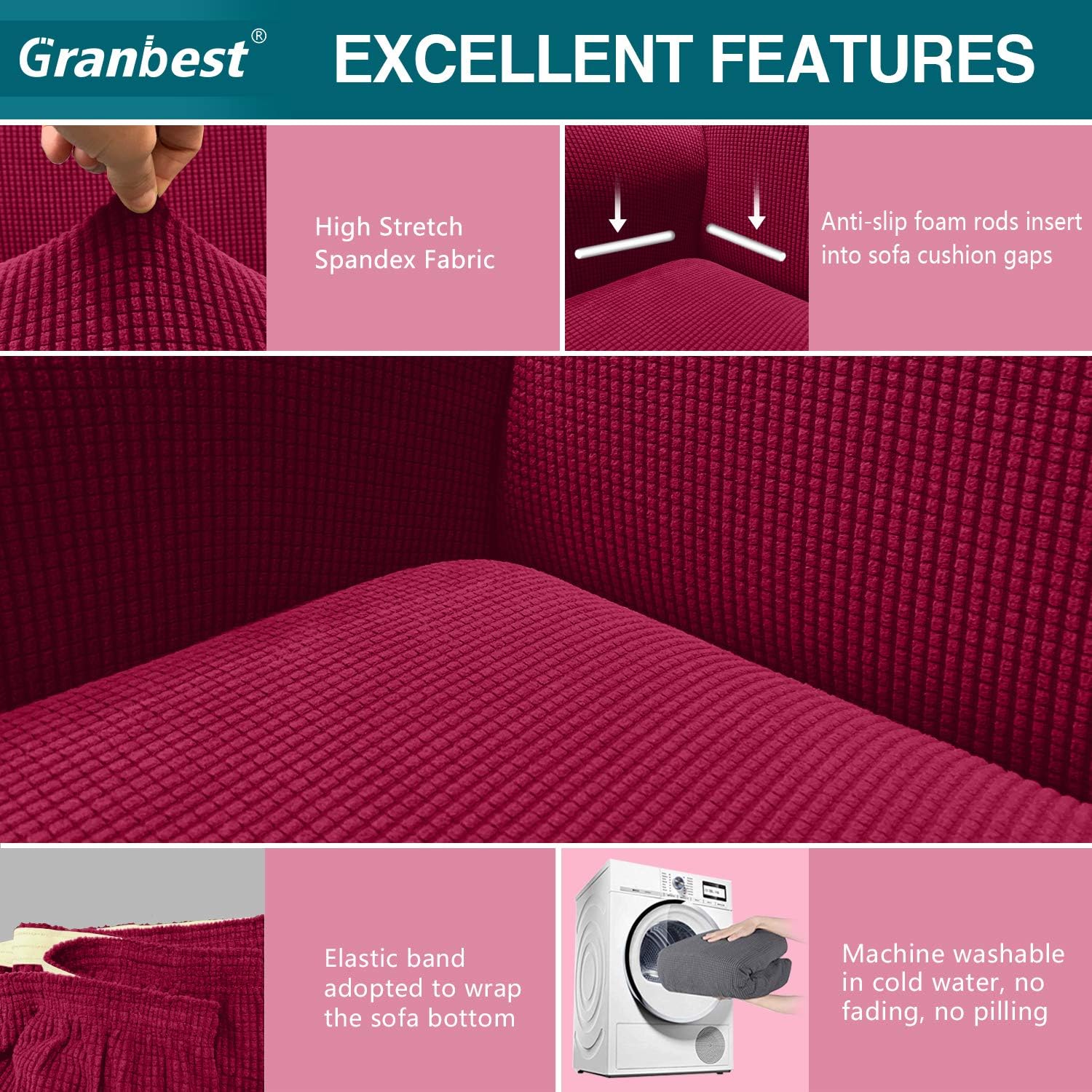 Thumbnail 2 de Granbest High Stretch 2 Seater Sofa Cover – Wine Red, Non-Slip Jacquard Fabric