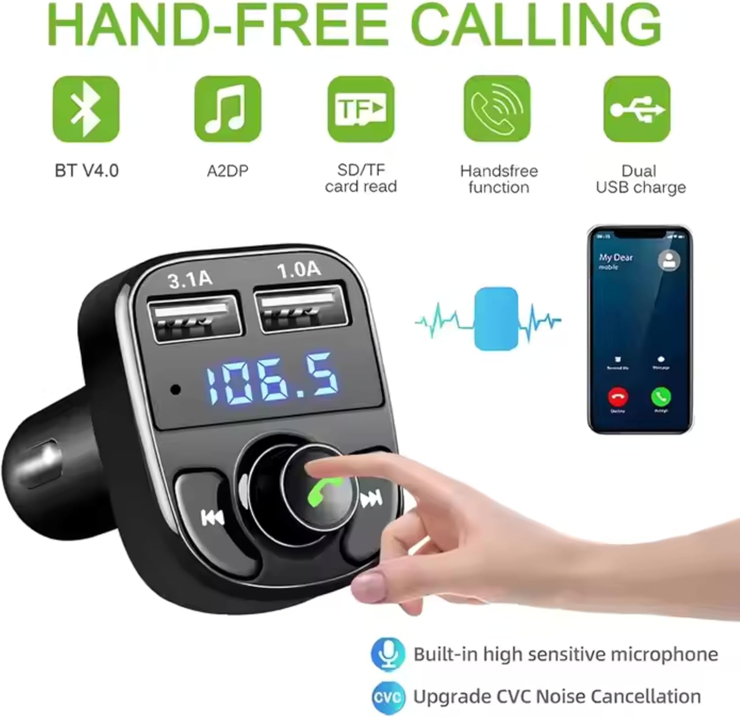 Detalle de FM Transmitter, Bluetooth 5.3 Car Adapter with Dual USB Ports and Type-C Fast Charging