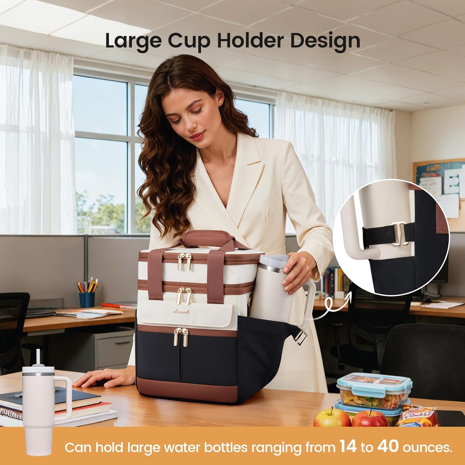 Thumbnail 1 de LOVEVOOK Insulated Lunch Bag: Expandable Double Deck for Adults with Large Cup Holder