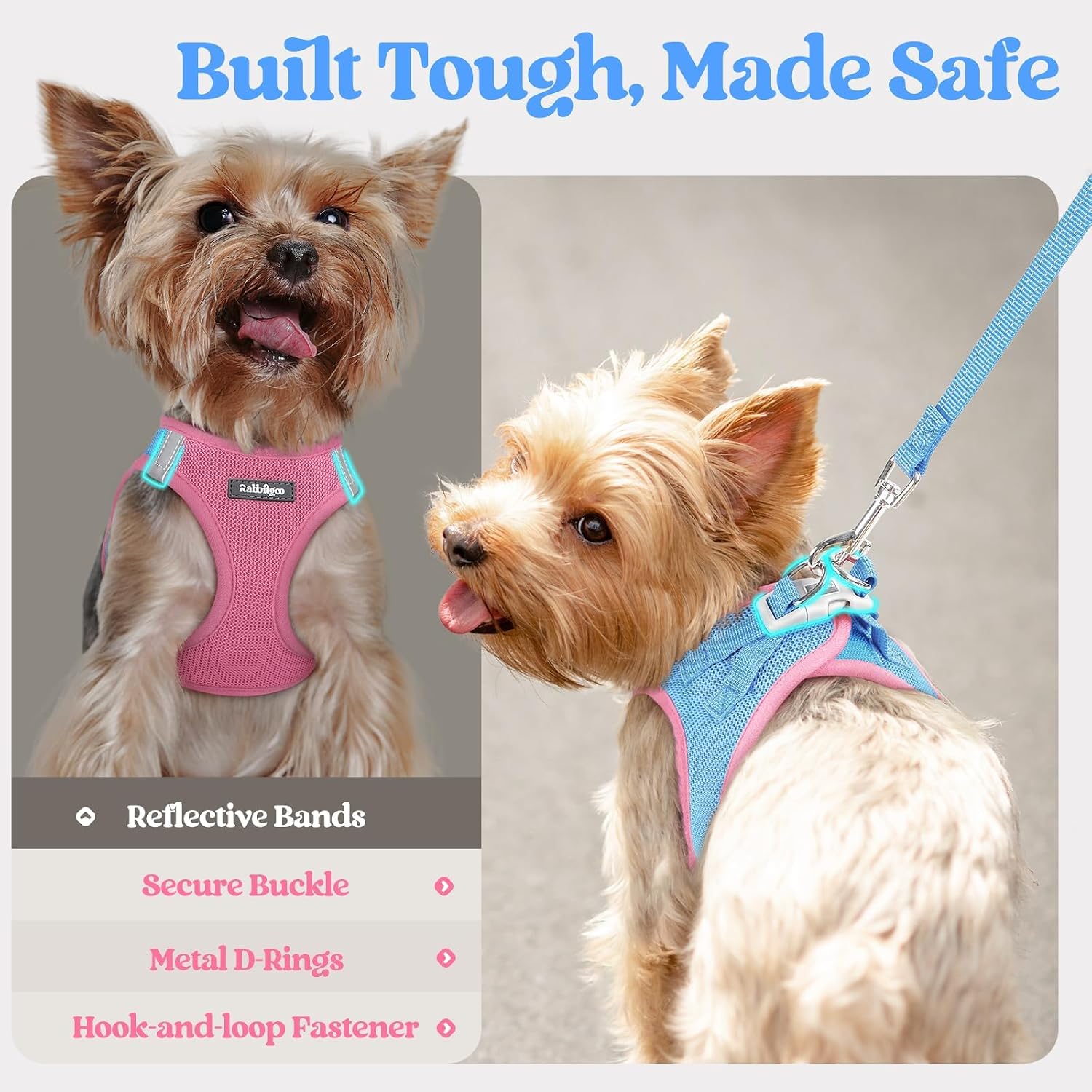 Thumbnail 6 de rabbitgoo MJGBDTZCG-SPKSBCS-DADE Small Step-In Dog Harness and Leash Set, Reflective Mesh, Blue & Light Pink