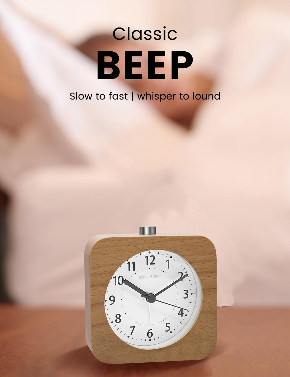 Detalle de aboveClock houten analoge wekker zonder tikgeluid, met snooze en nachtlampje