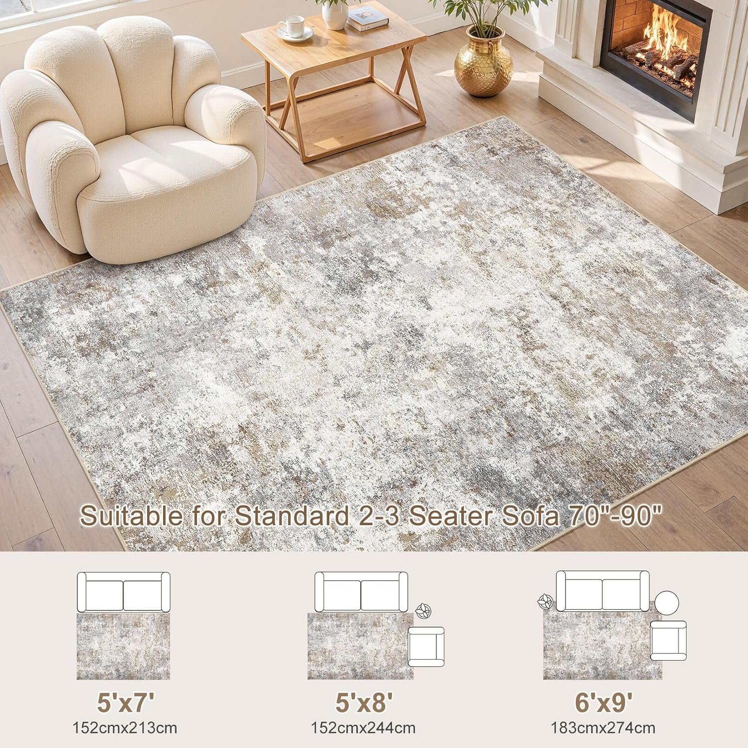 Thumbnail 3 de UERMEI 6x9 Area Rug: Neutral Abstract, Washable, Non-Slip, for Living Room